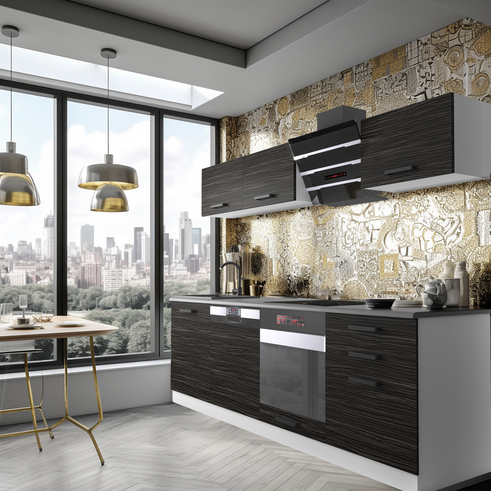 Cucina scura con paraschizzi dorato e vista sulla città