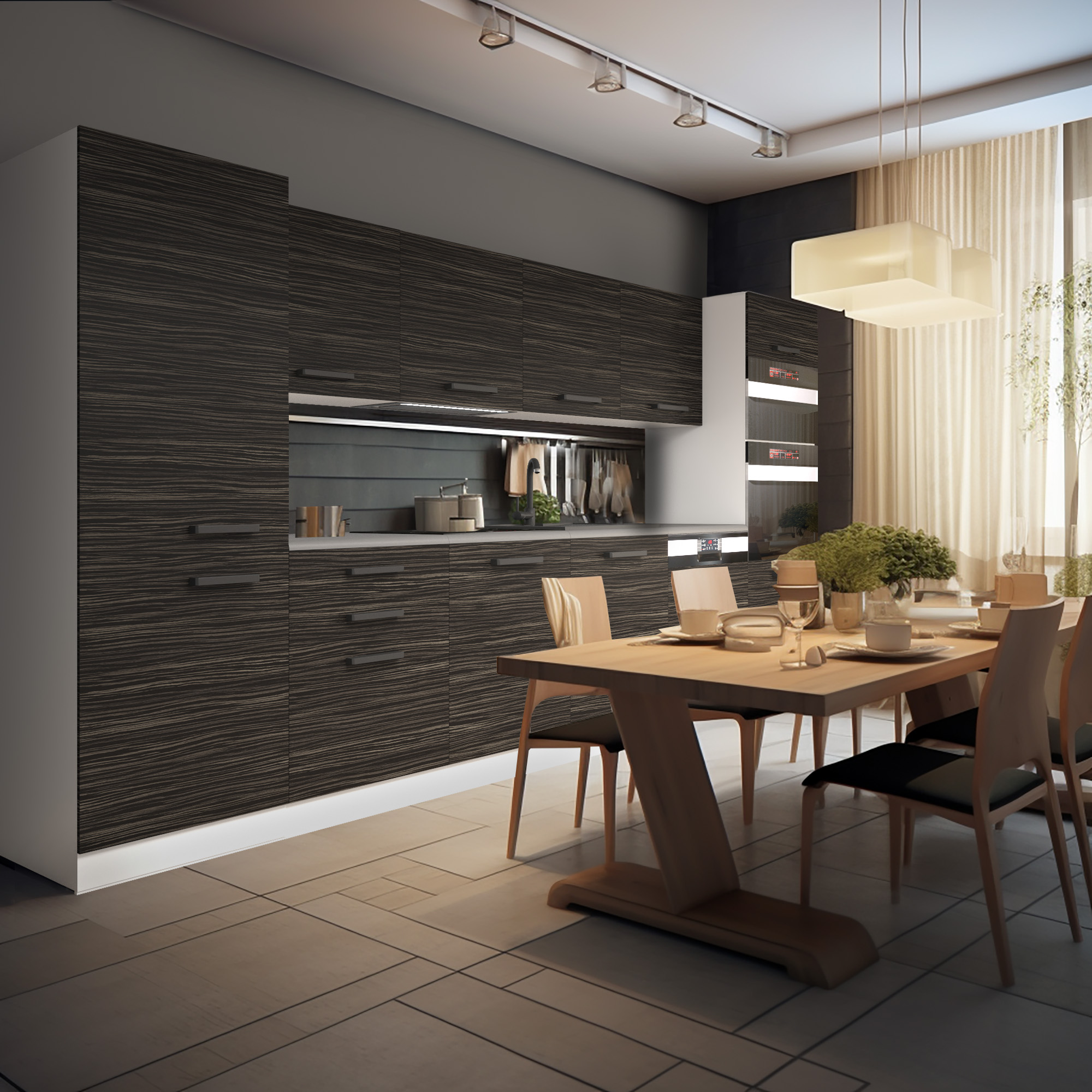 Cucina lineare con mobili scuri e tavolo in legno chiaro
