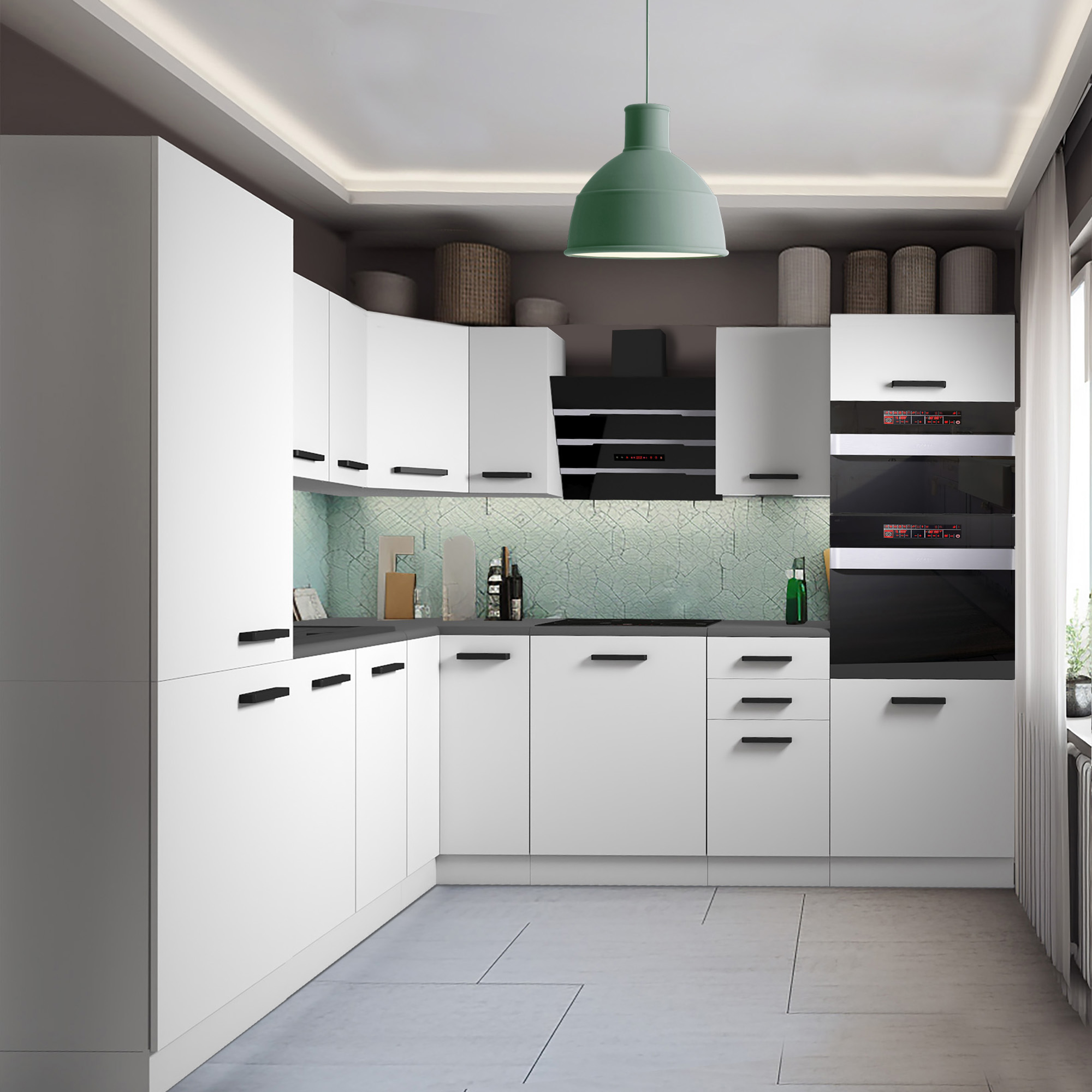 Cucina ad angolo bianca con top grigio e lampada verde