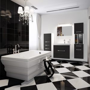 Bagno bianco e nero con vasca, lampadario e mobili scuri