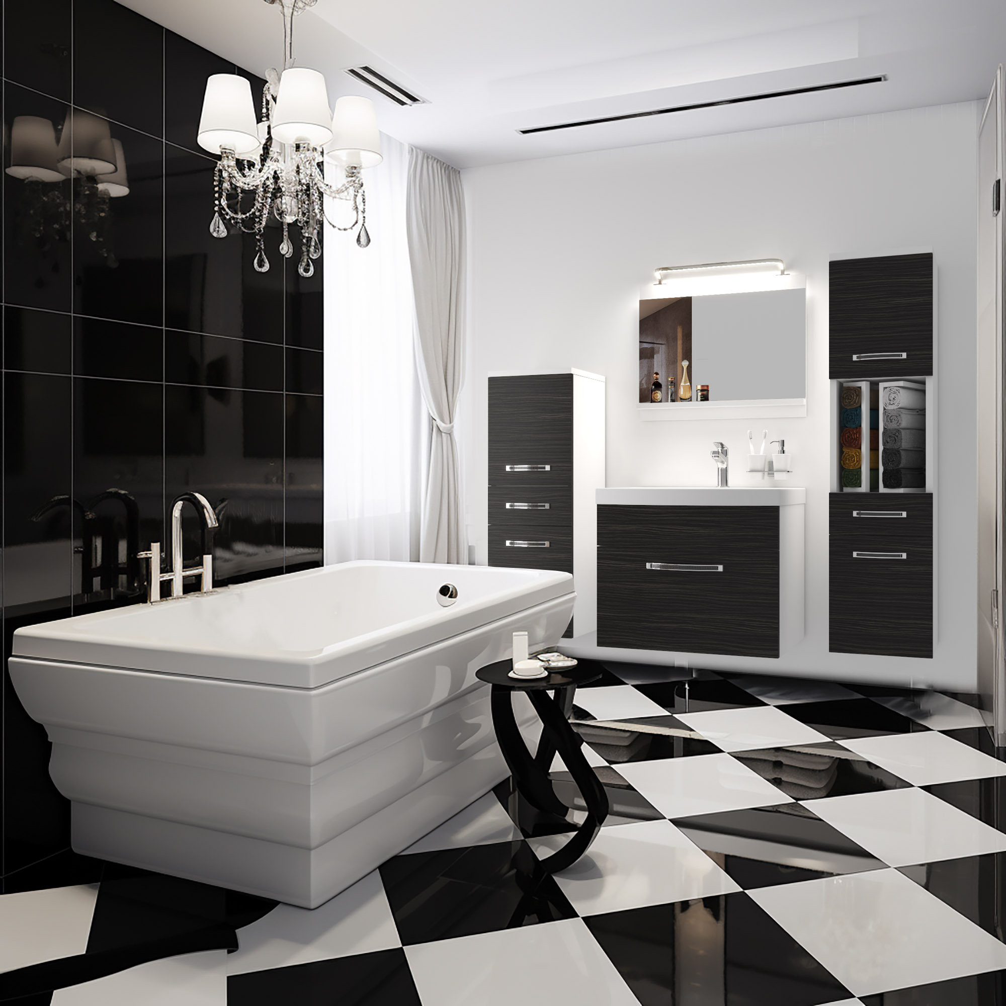 Bagno bianco e nero con vasca, lampadario e mobili scuri
