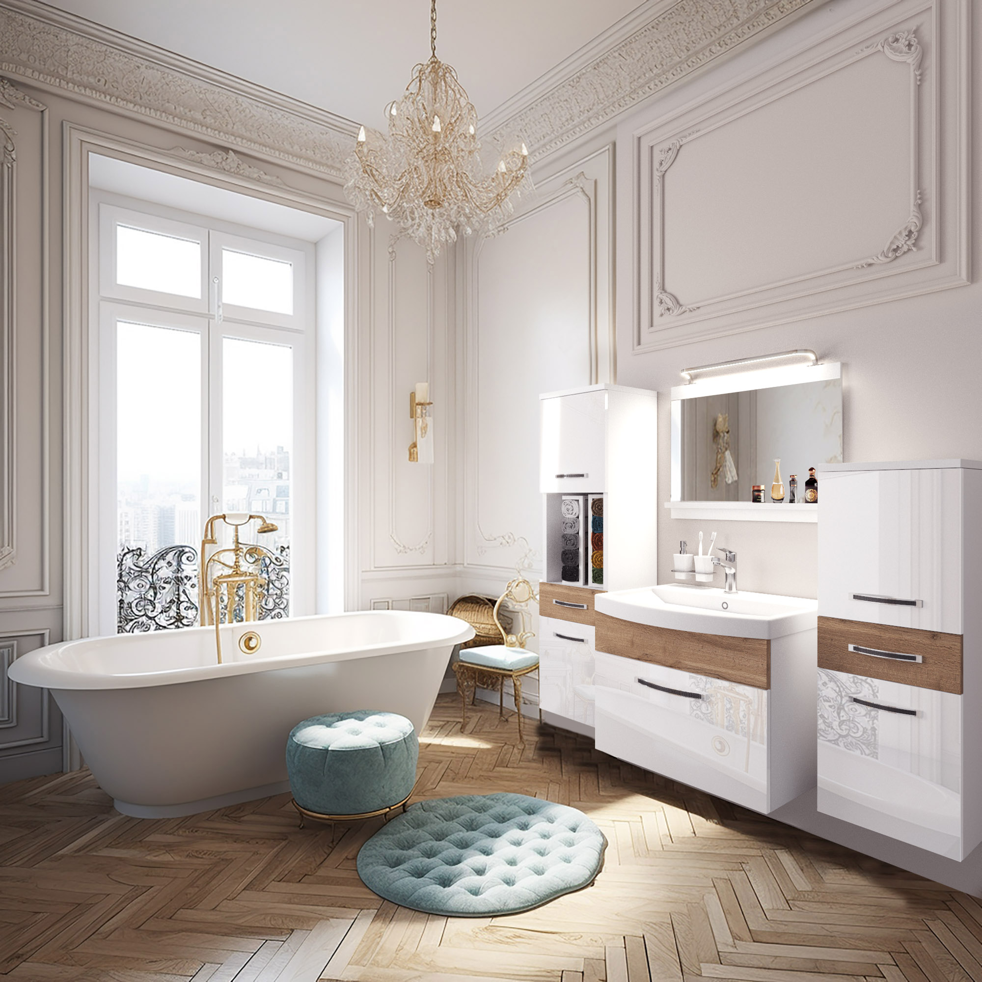 Bagno chiaro con vasca freestanding e mobili bianchi