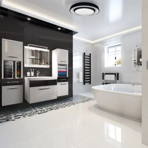 Bagno bianco e nero con mobili sospesi lucidi