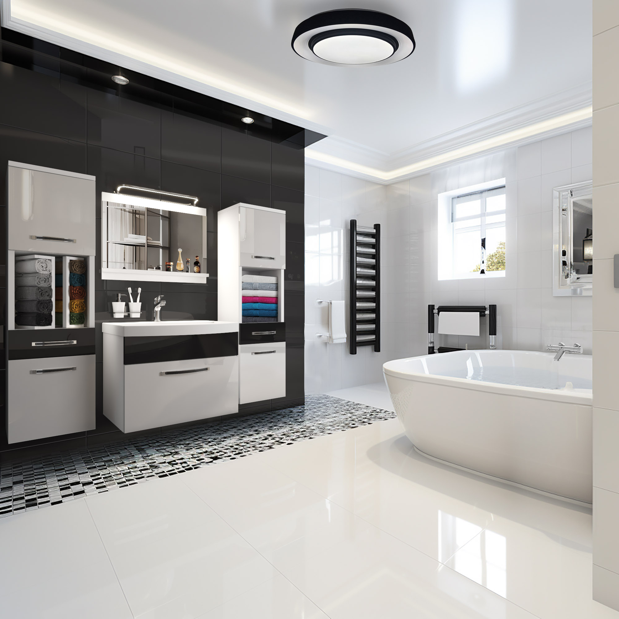 Bagno bianco e nero con mobili sospesi lucidi