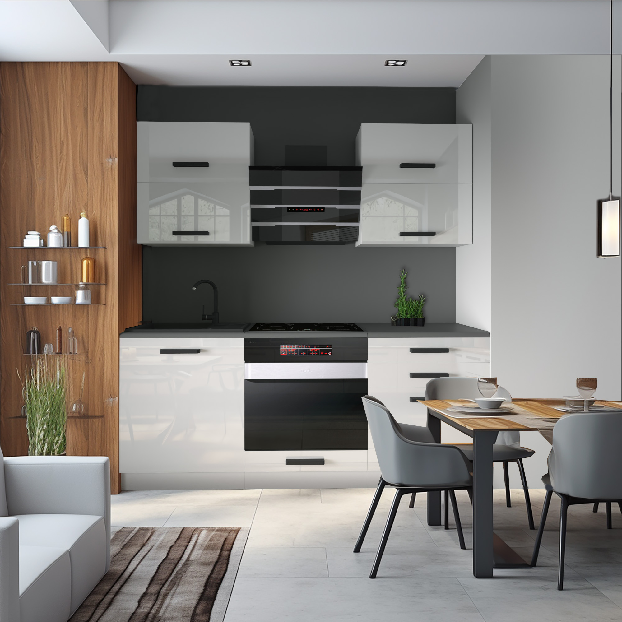 Cucina bianco lucido con piano nero e tavolo in legno