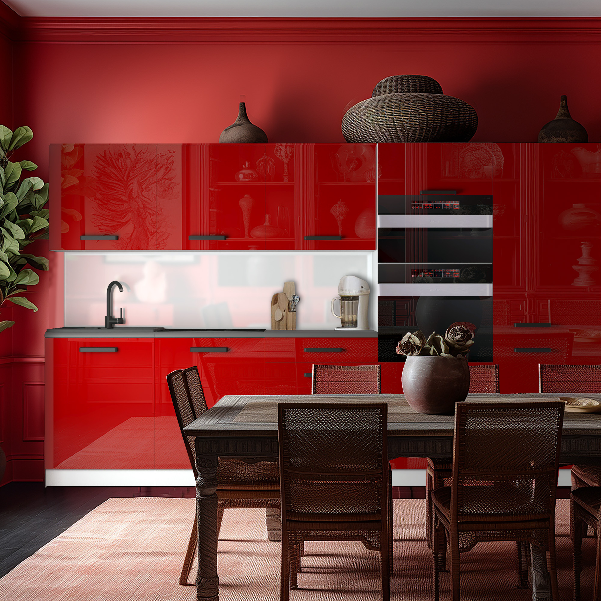 Cucina rossa lucida con top grafite e tavolo in legno scuro