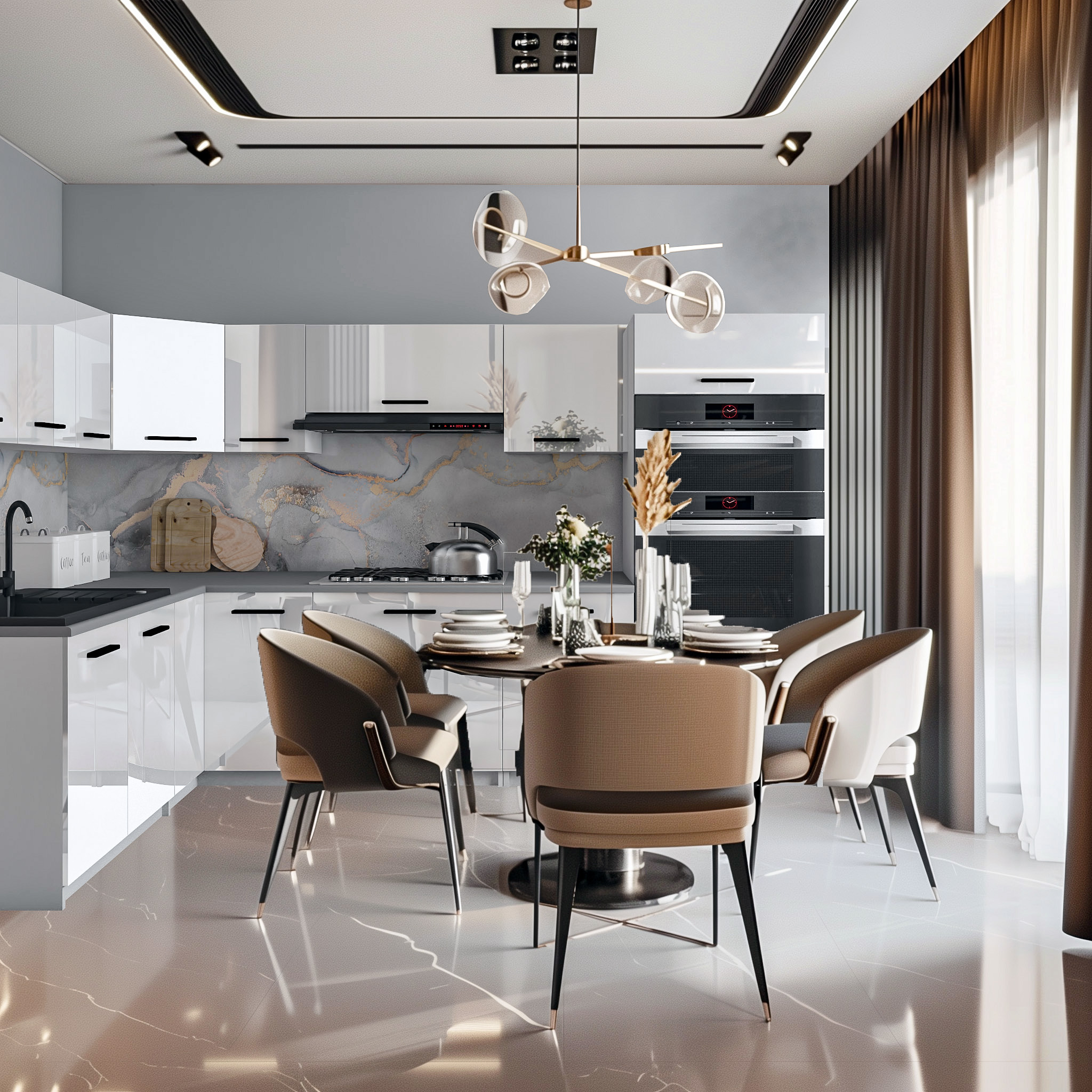 Cucina lucida bianca con tavolo rotondo e sedie beige