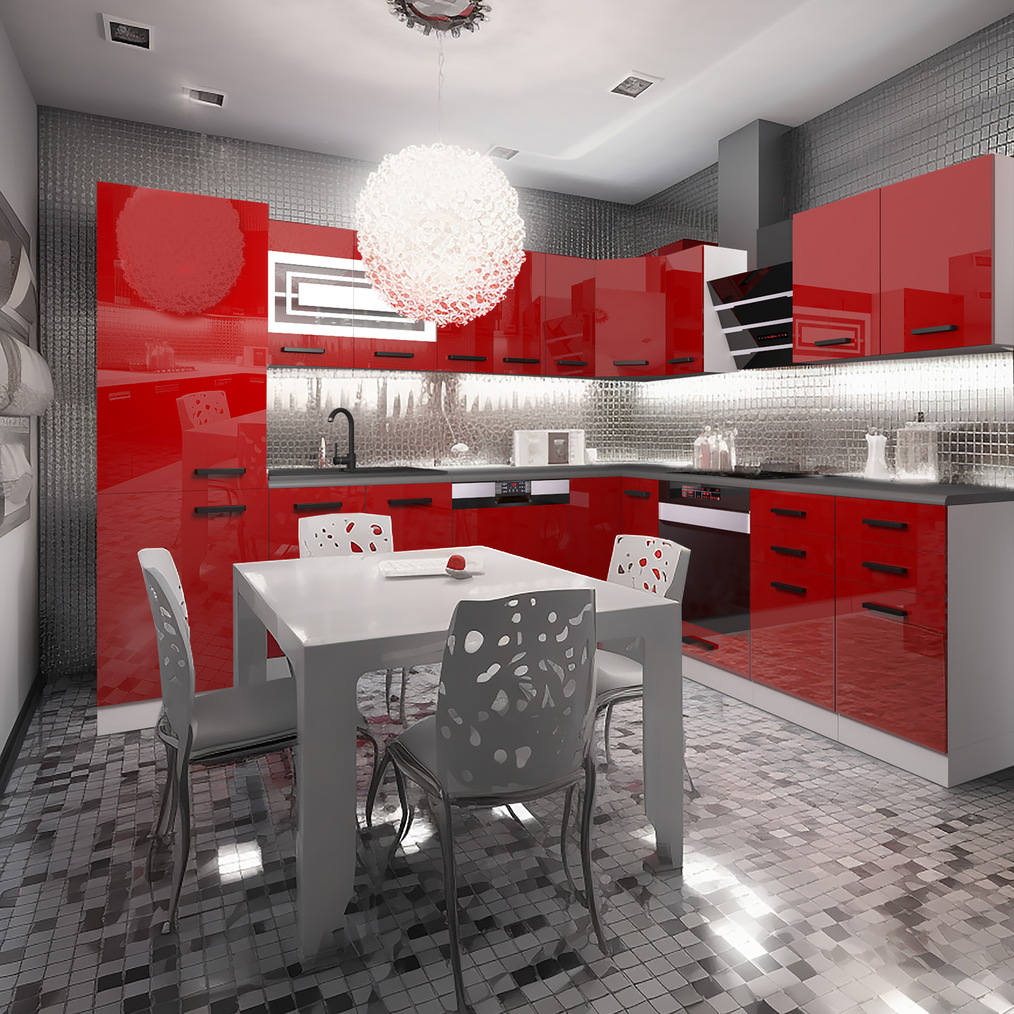 Cucina a U rossa lucida con tavolo bianco e mosaico