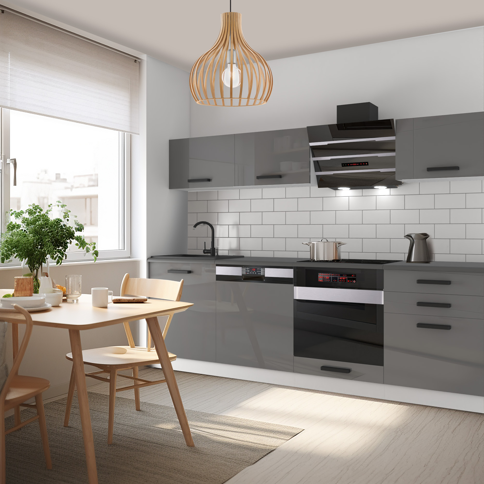 Cucina grigia lucida con tavolo in legno, piastrelle bianche