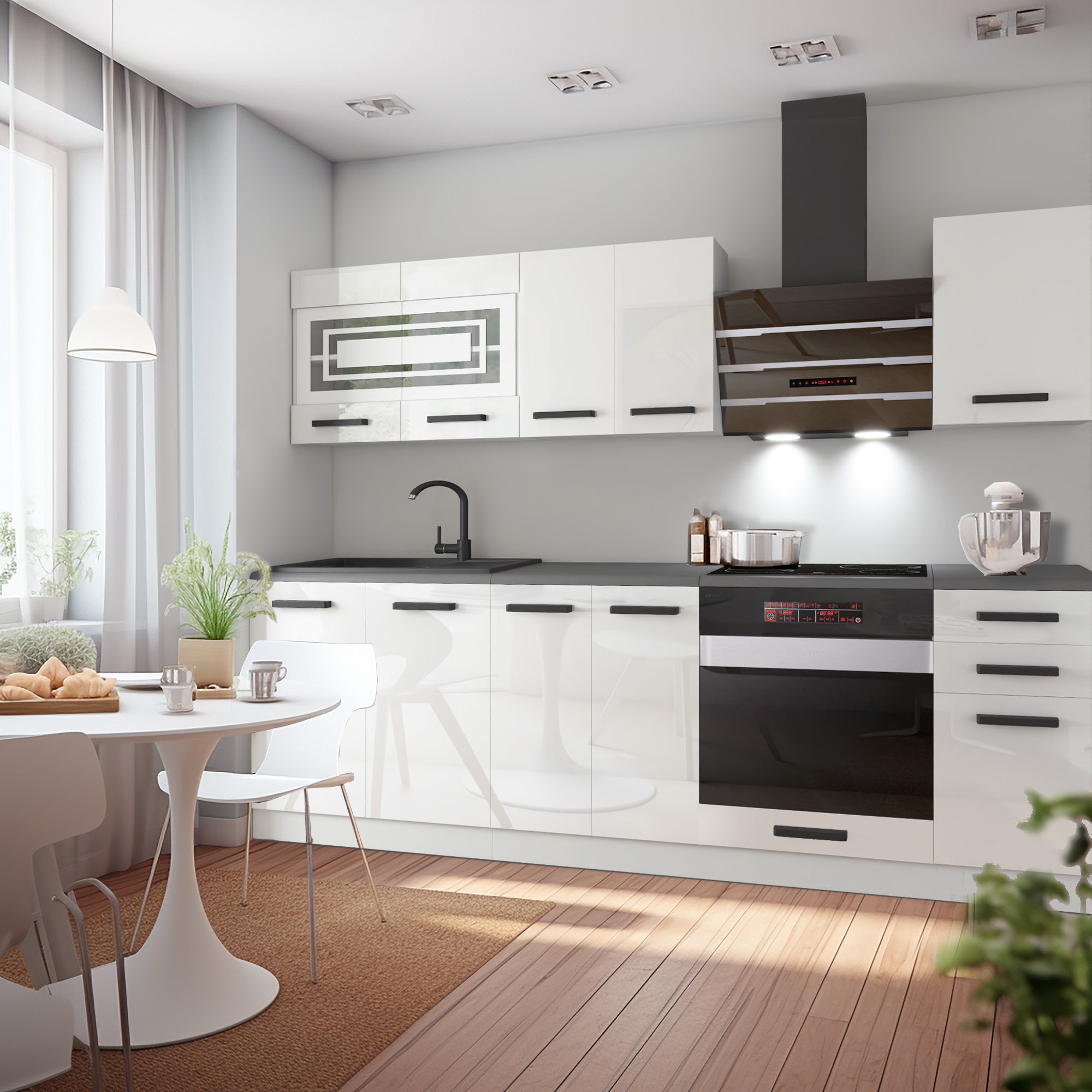 Cucina bianca lucida con top nero e tavolo rotondo