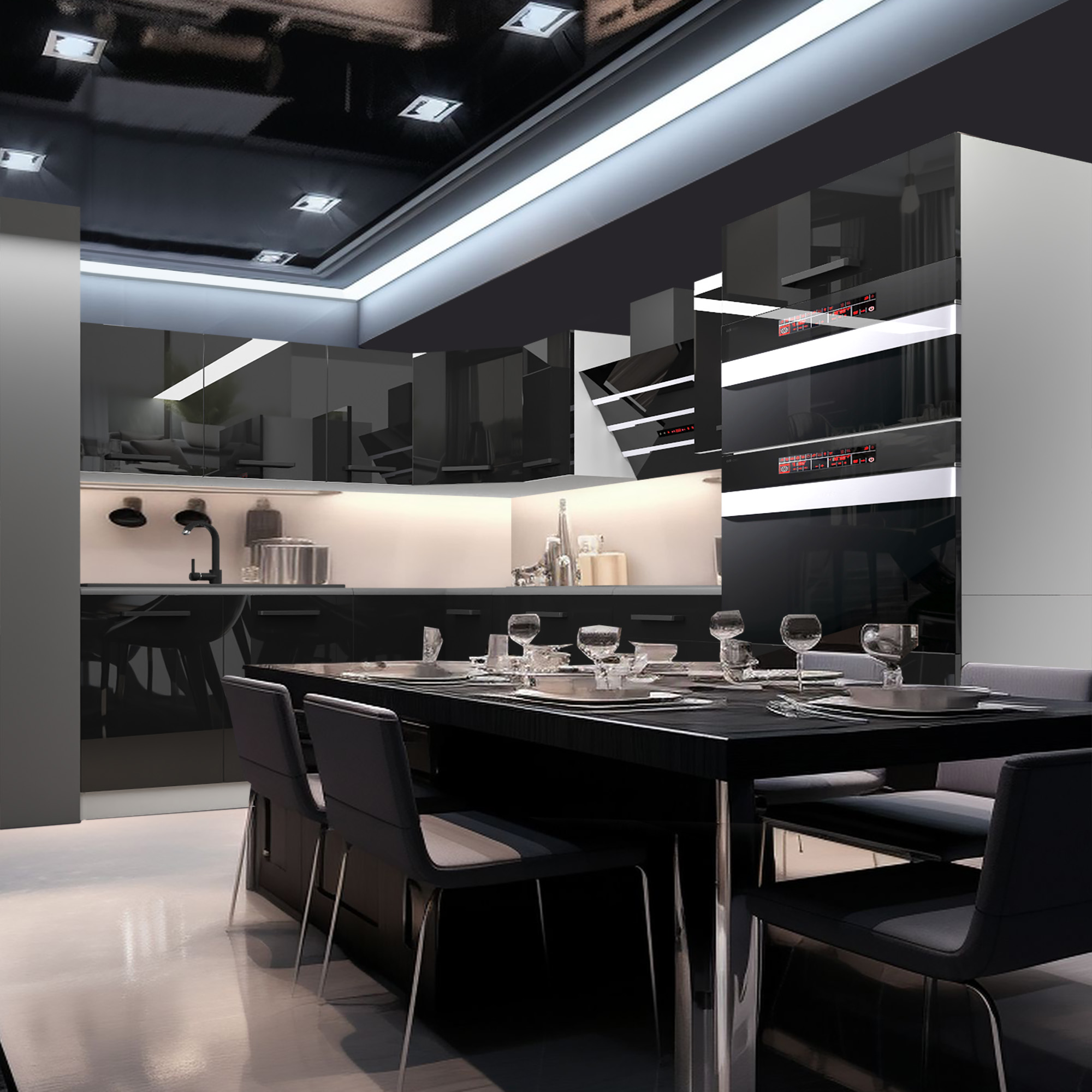 Cucina nera lucida con tavolo apparecchiato e luci LED
