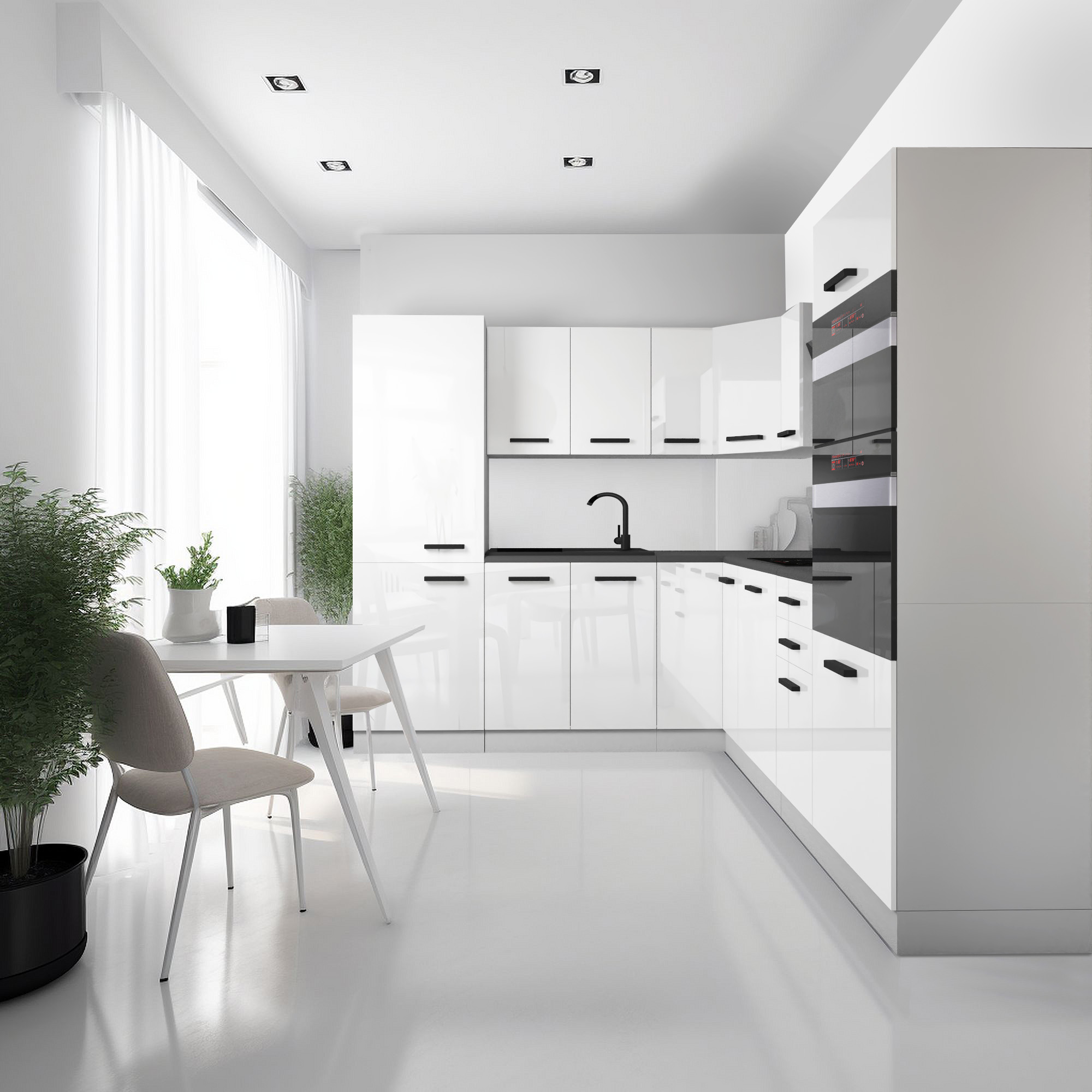 Cucina bianca lucida a U con top nero e doppi forni