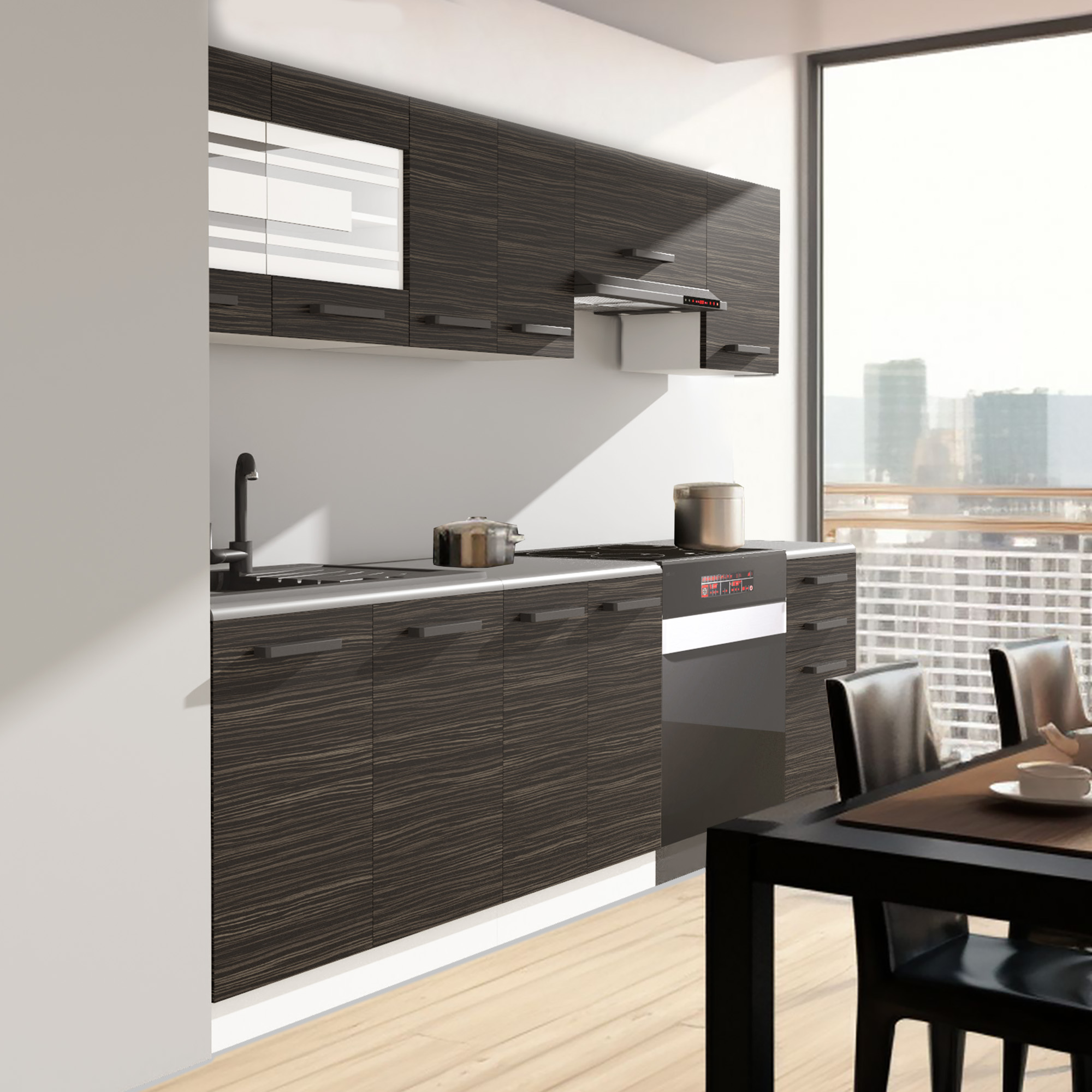 Cucina lineare scura con vista città e tavolo nero