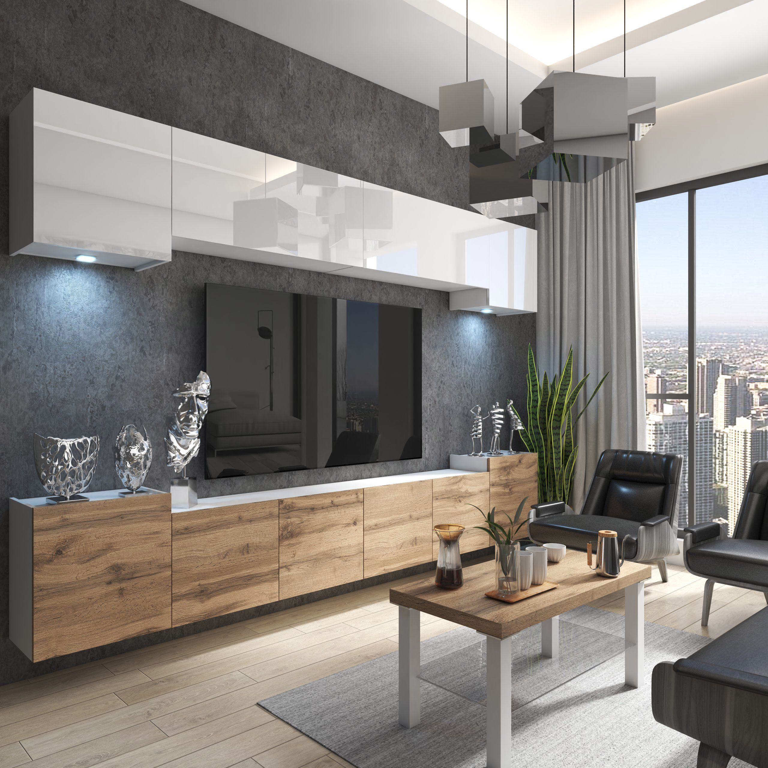 Soggiorno con parete TV legno/bianco e vista skyline