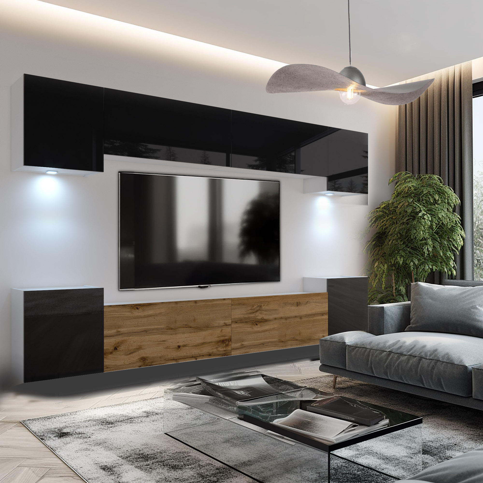 Soggiorno con parete TV nero lucido e rovere, divano grigio