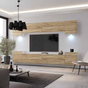 Parete TV sospesa in rovere chiaro con LED in soggiorno