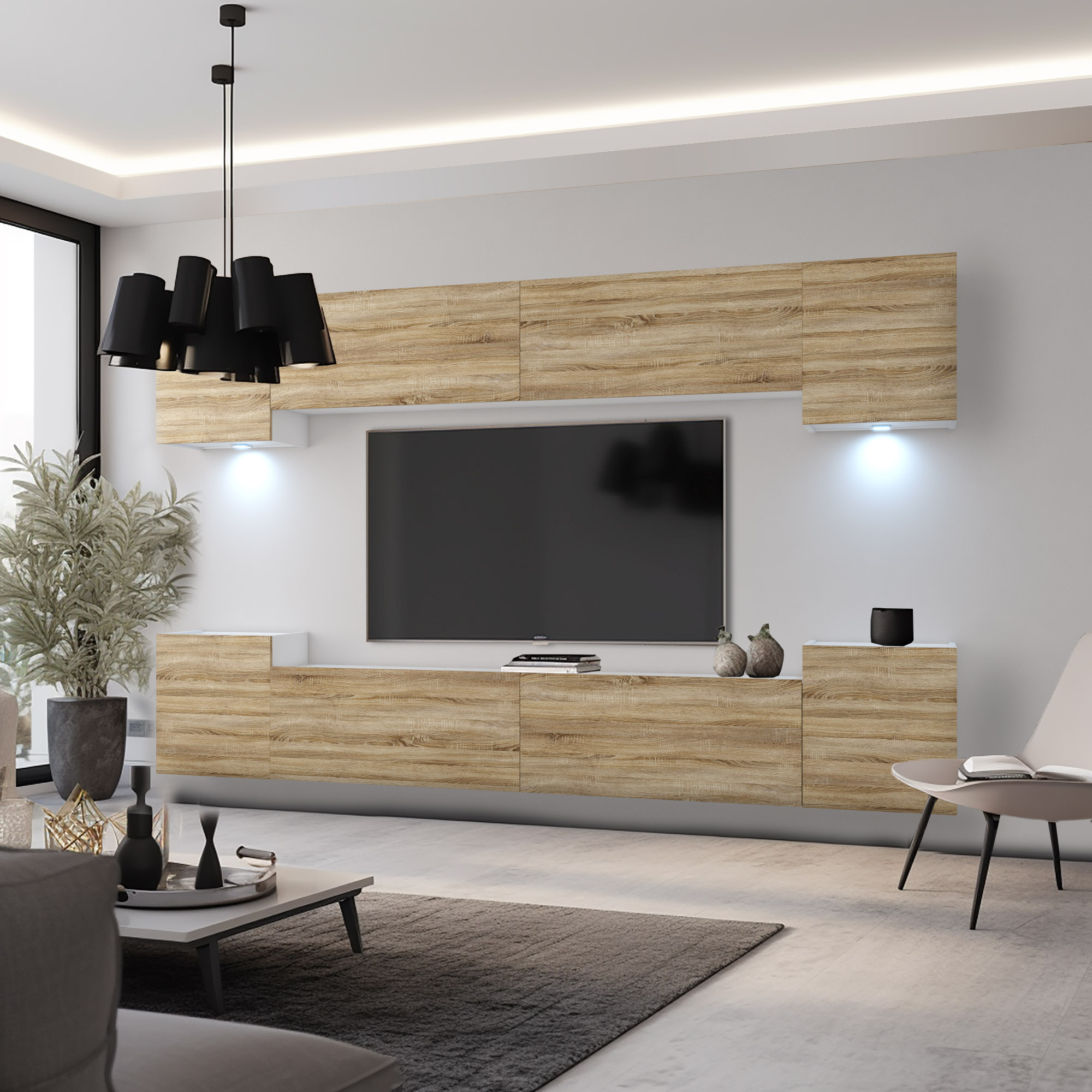 Parete TV sospesa in rovere chiaro con LED in soggiorno