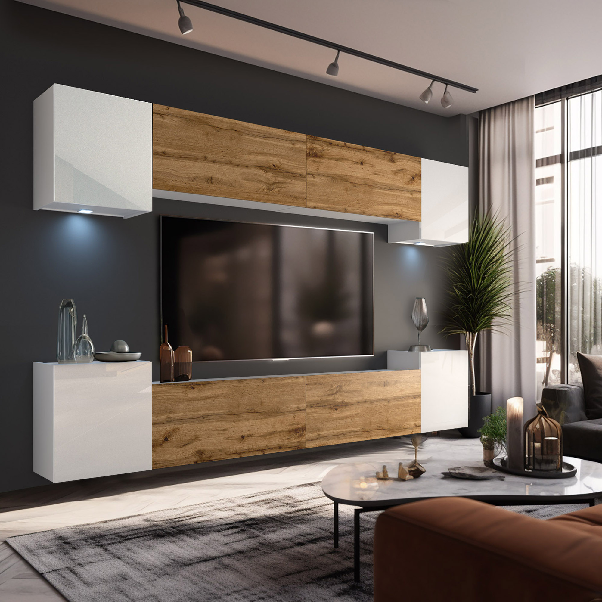 Parete attrezzata rovere e bianco con TV in soggiorno