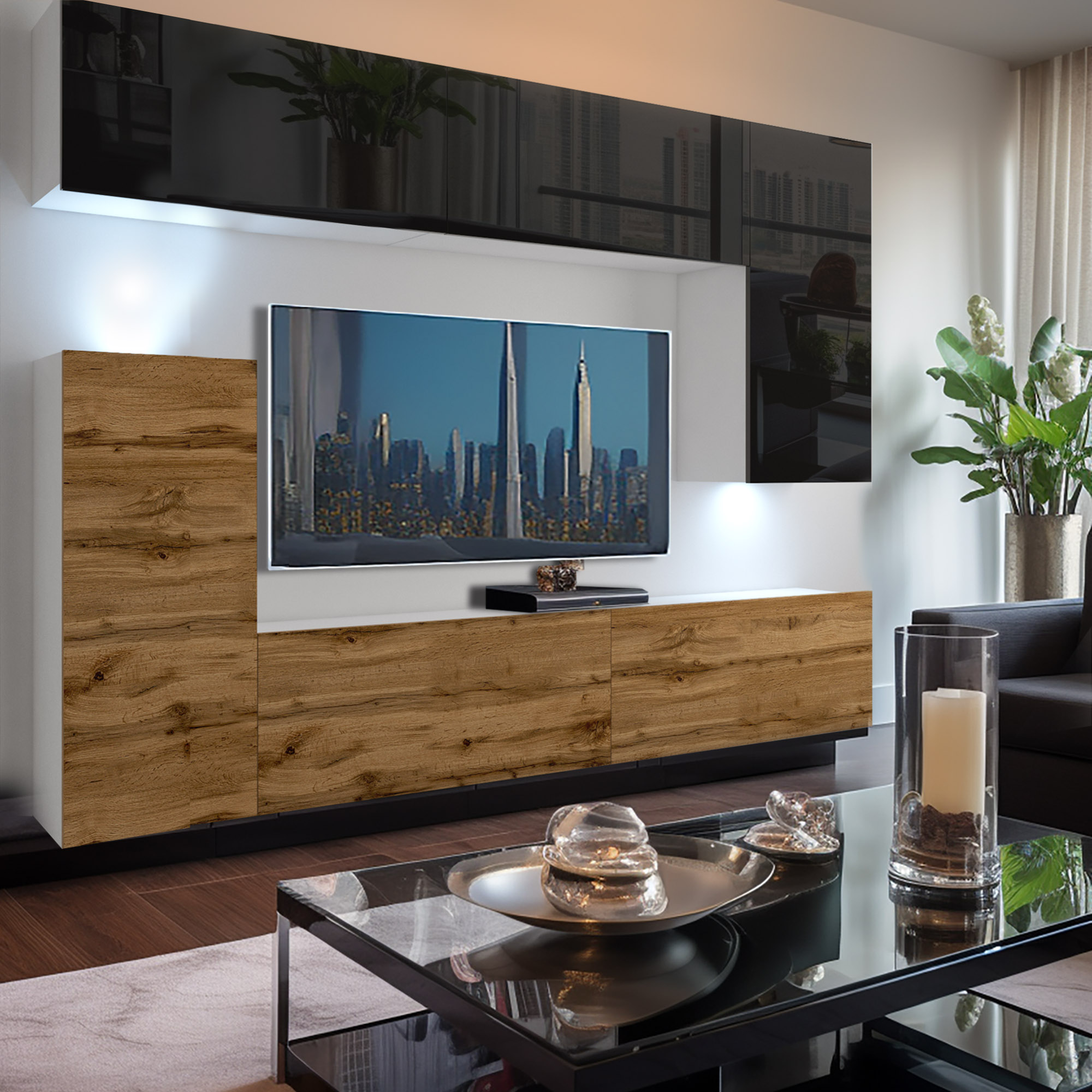 Soggiorno con parete TV rovere e pensili lucidi antracite