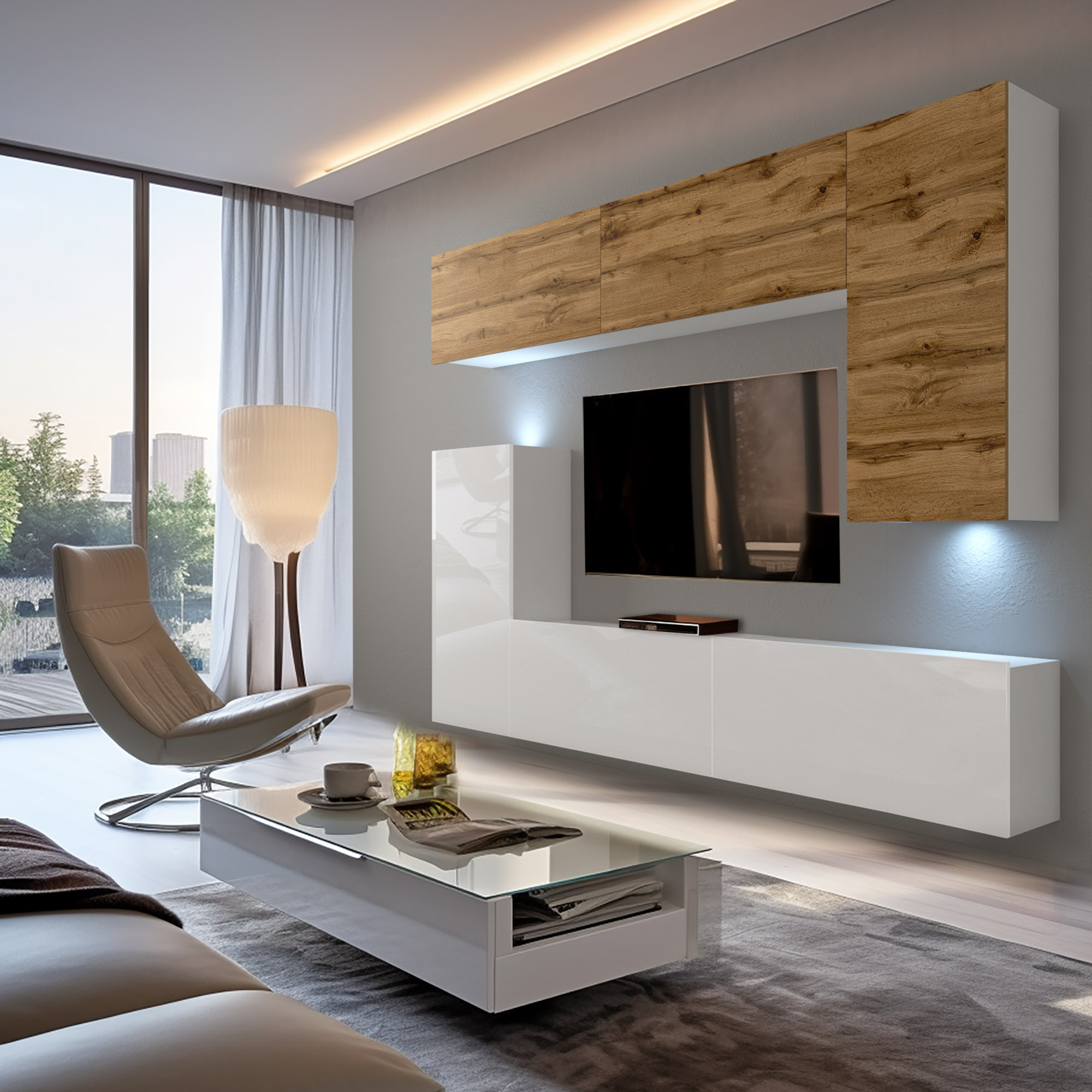 Parete TV bianco lucido e rovere con LED, tavolino in vetro