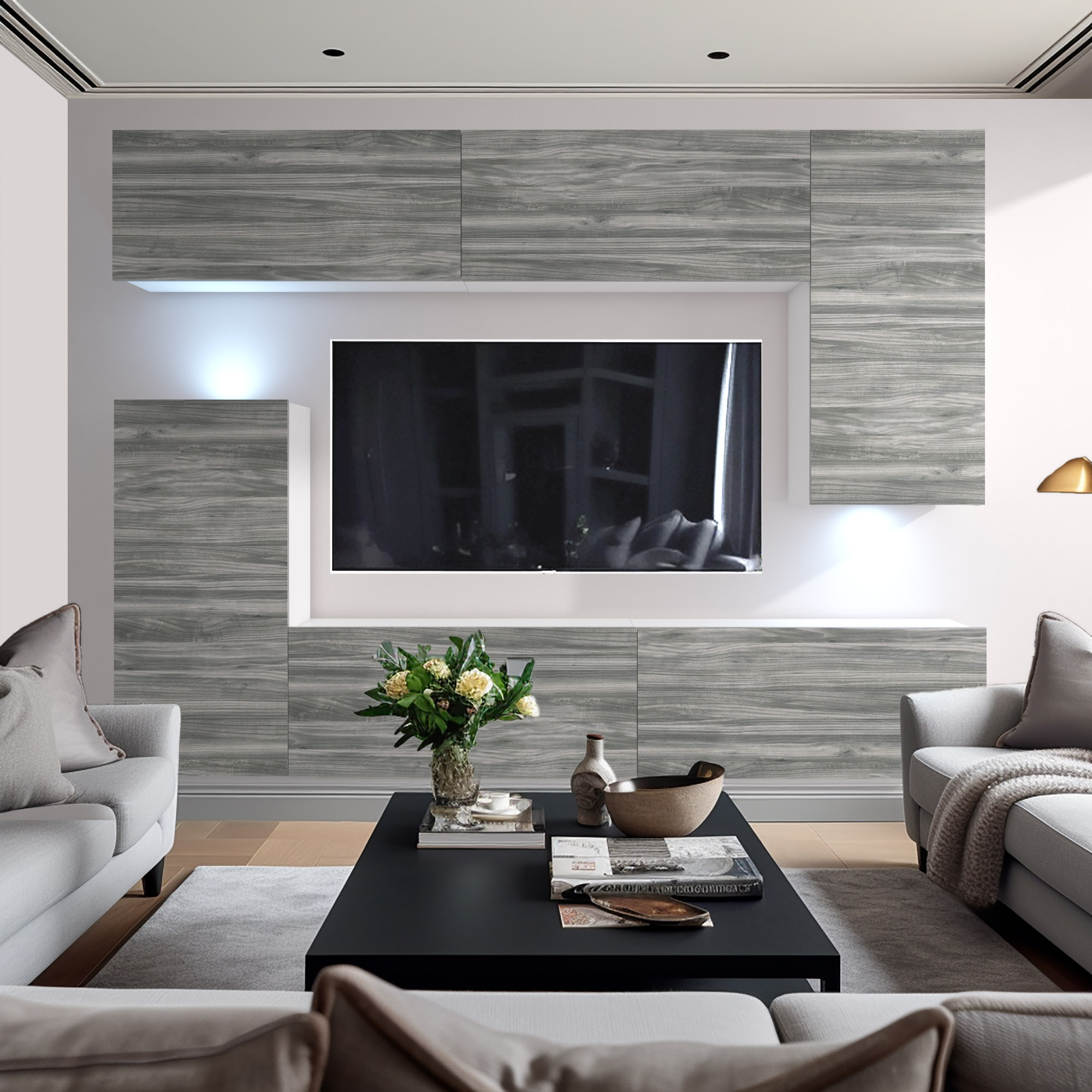 Parete TV con mobili sospesi grigio venato e divani chiari