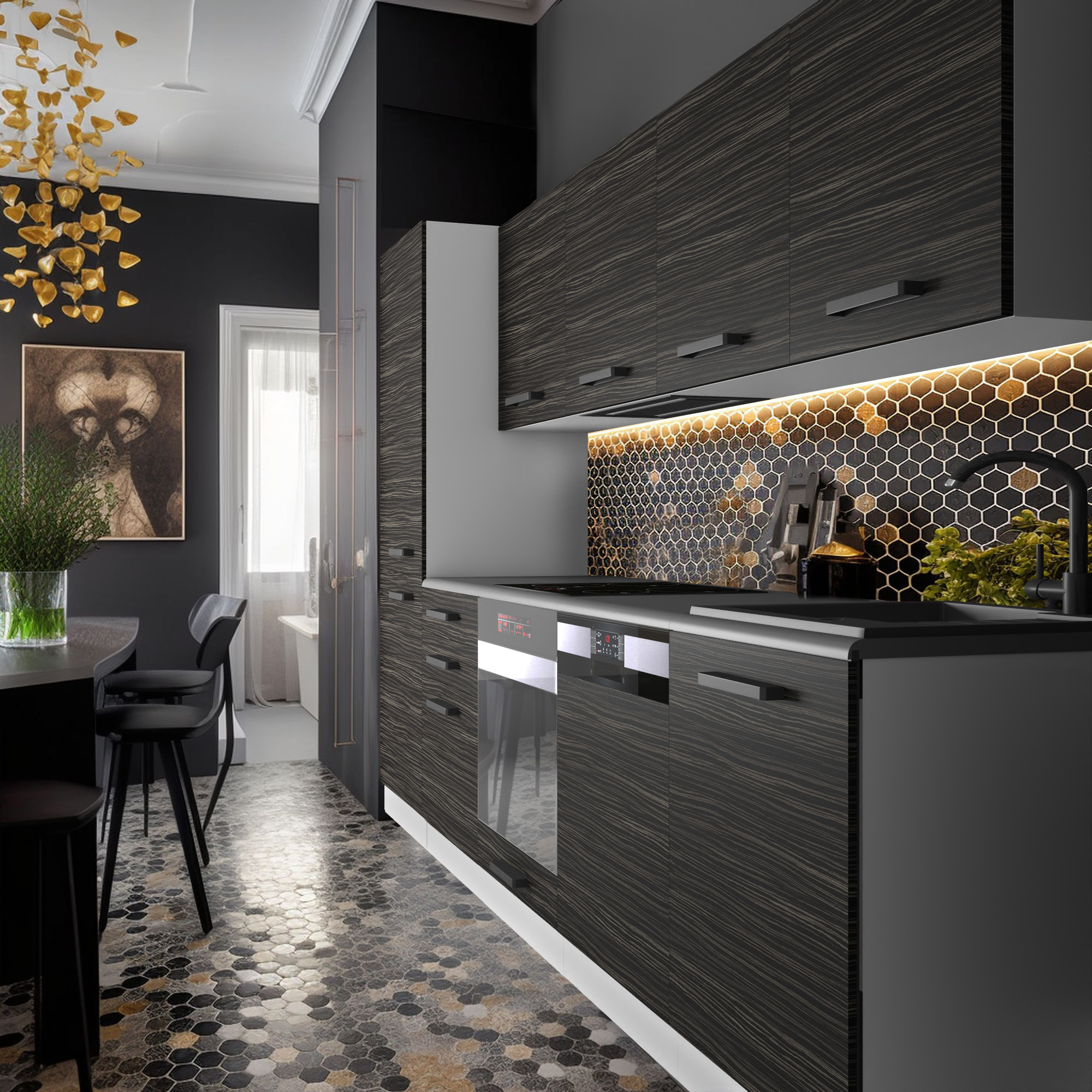 Cucina scura con pensili legno e mosaico esagonale dorato