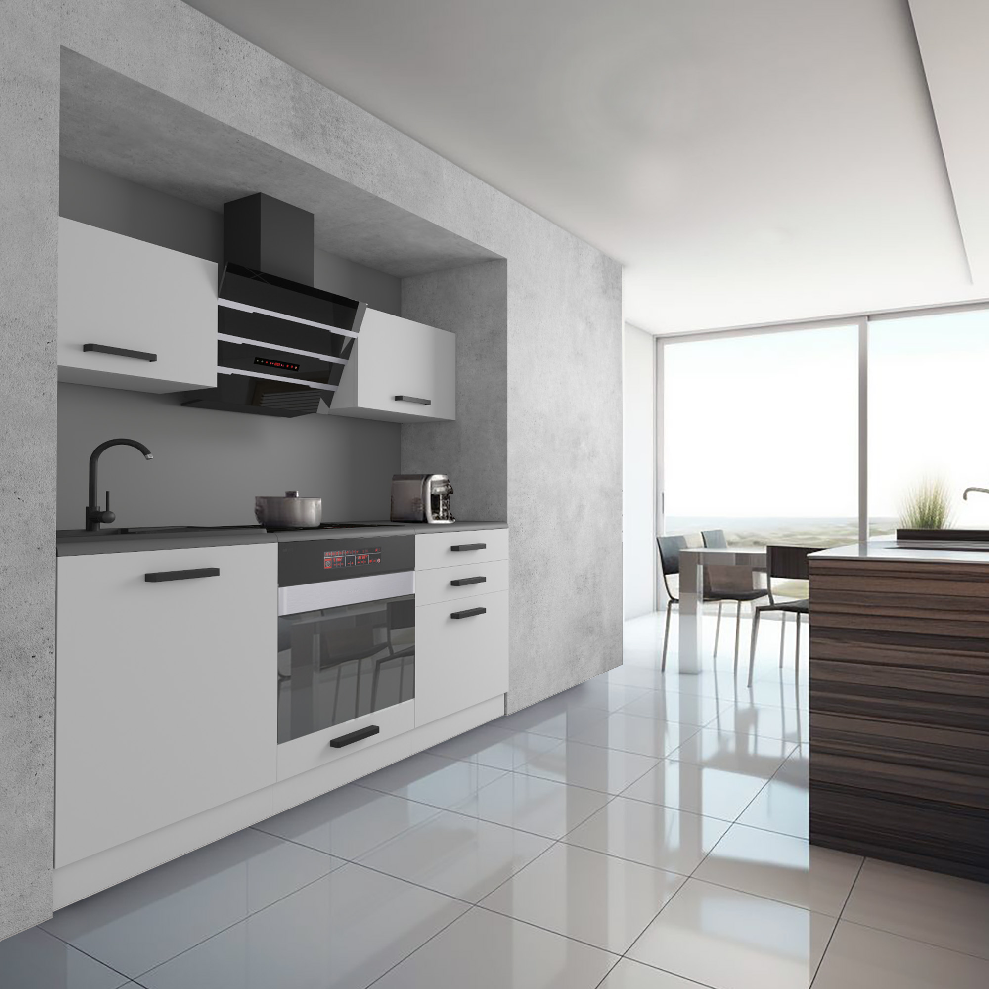 Cucina lineare bianca con isola in legno e ampia vetrata