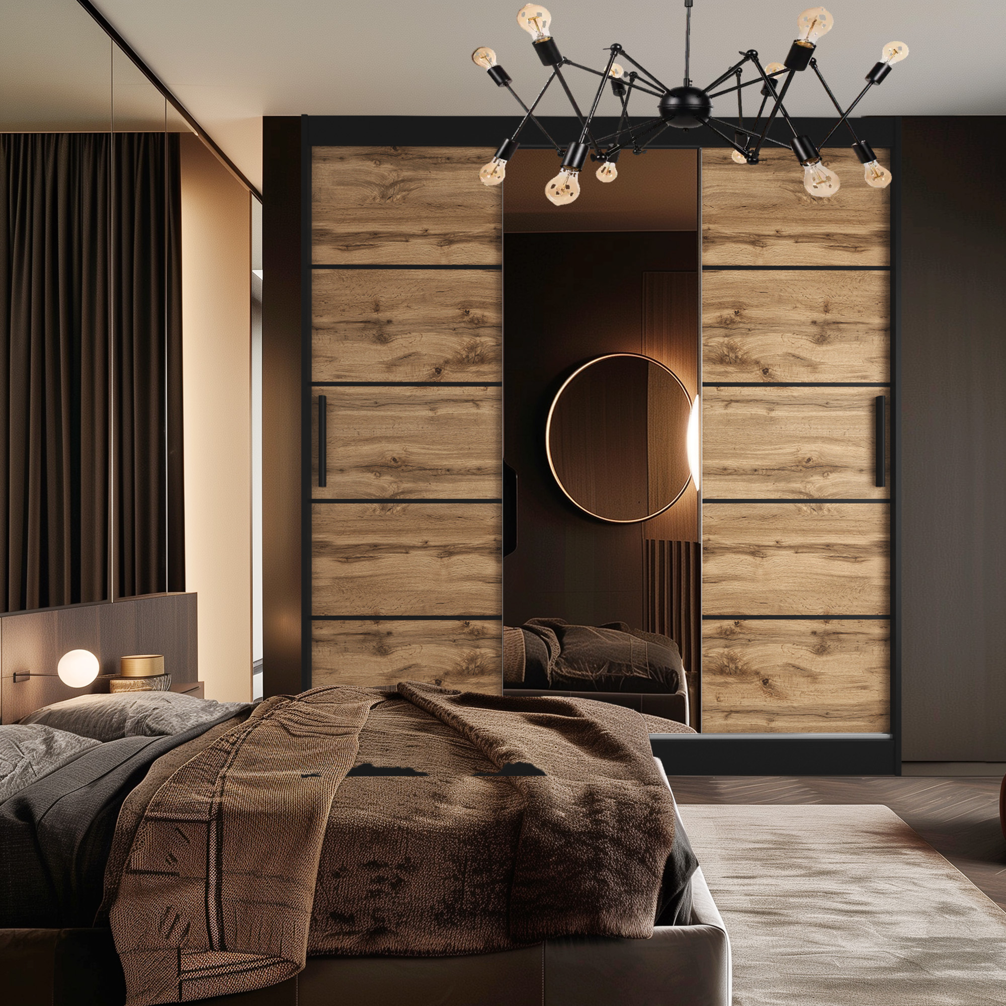 Camera da letto con armadio scorrevole rovere e specchio