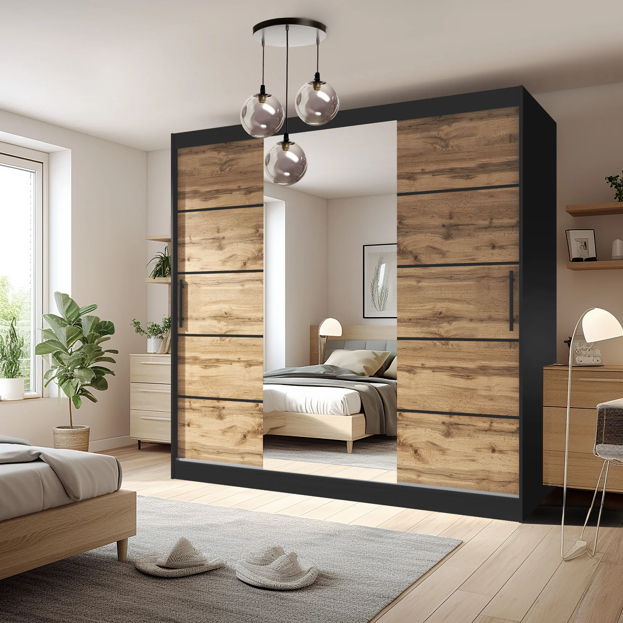 Camera da letto con armadio scorrevole rovere e specchio