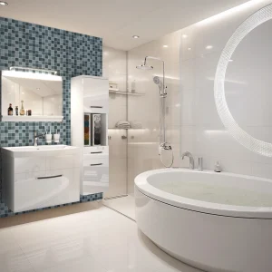 Bagno con vasca ovale, doccia walk-in e mobili bianchi