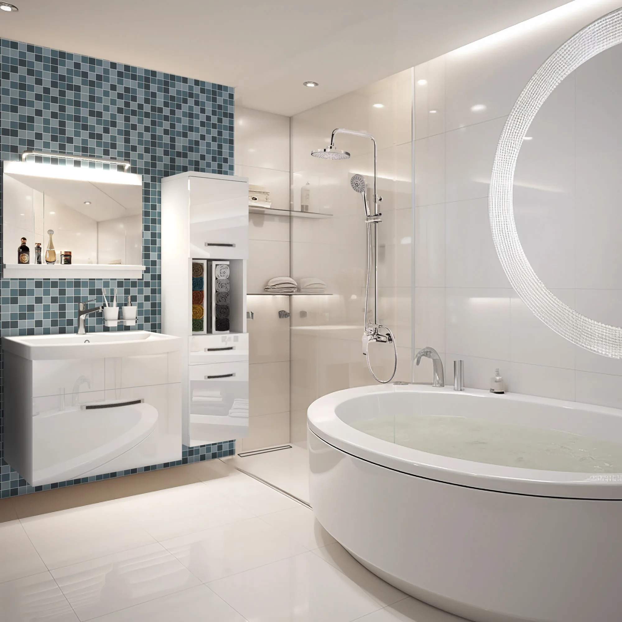 Bagno con vasca ovale, doccia walk-in e mobili bianchi