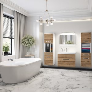 Bagno con vasca freestanding e mobili sospesi in rovere