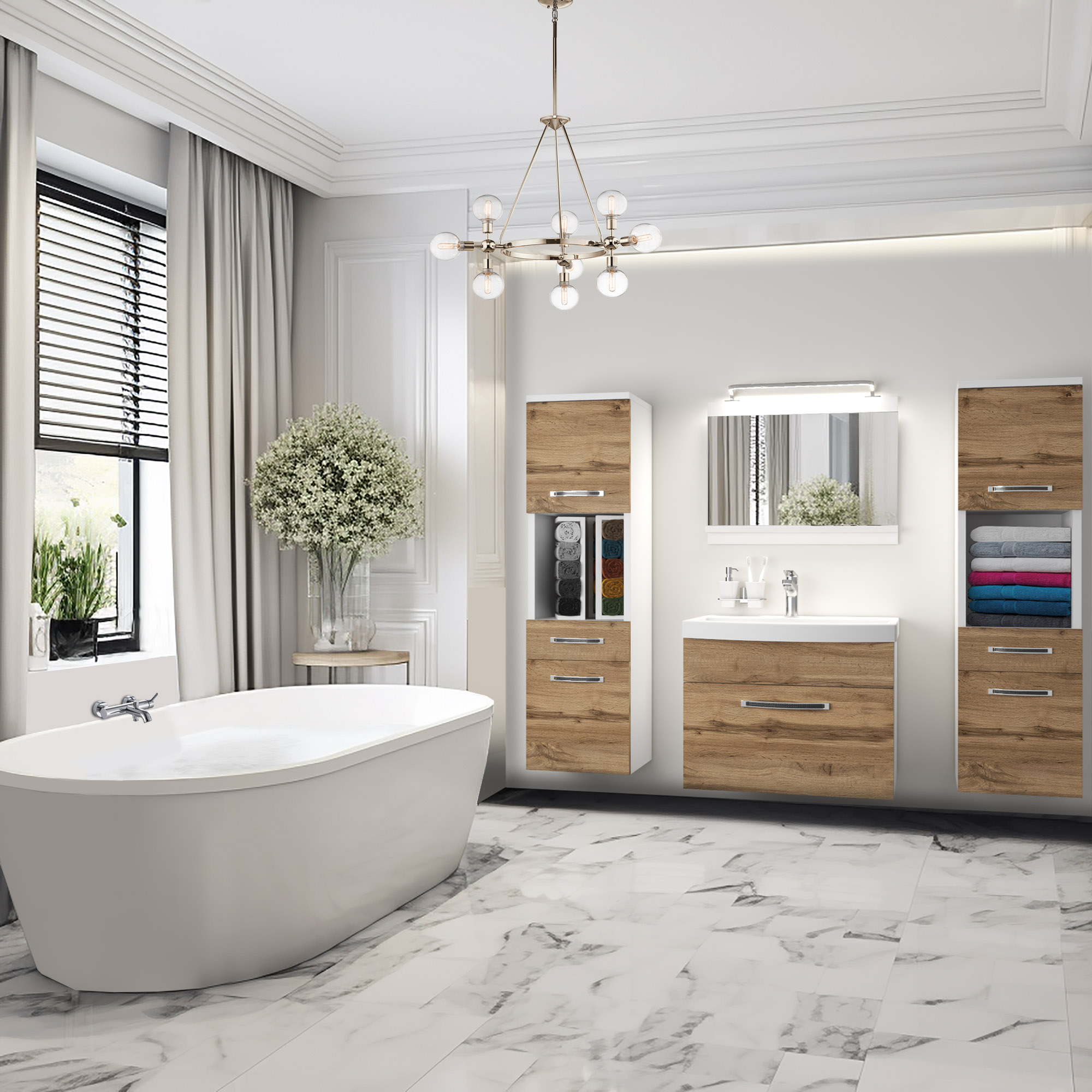 Bagno con vasca freestanding e mobili sospesi in rovere