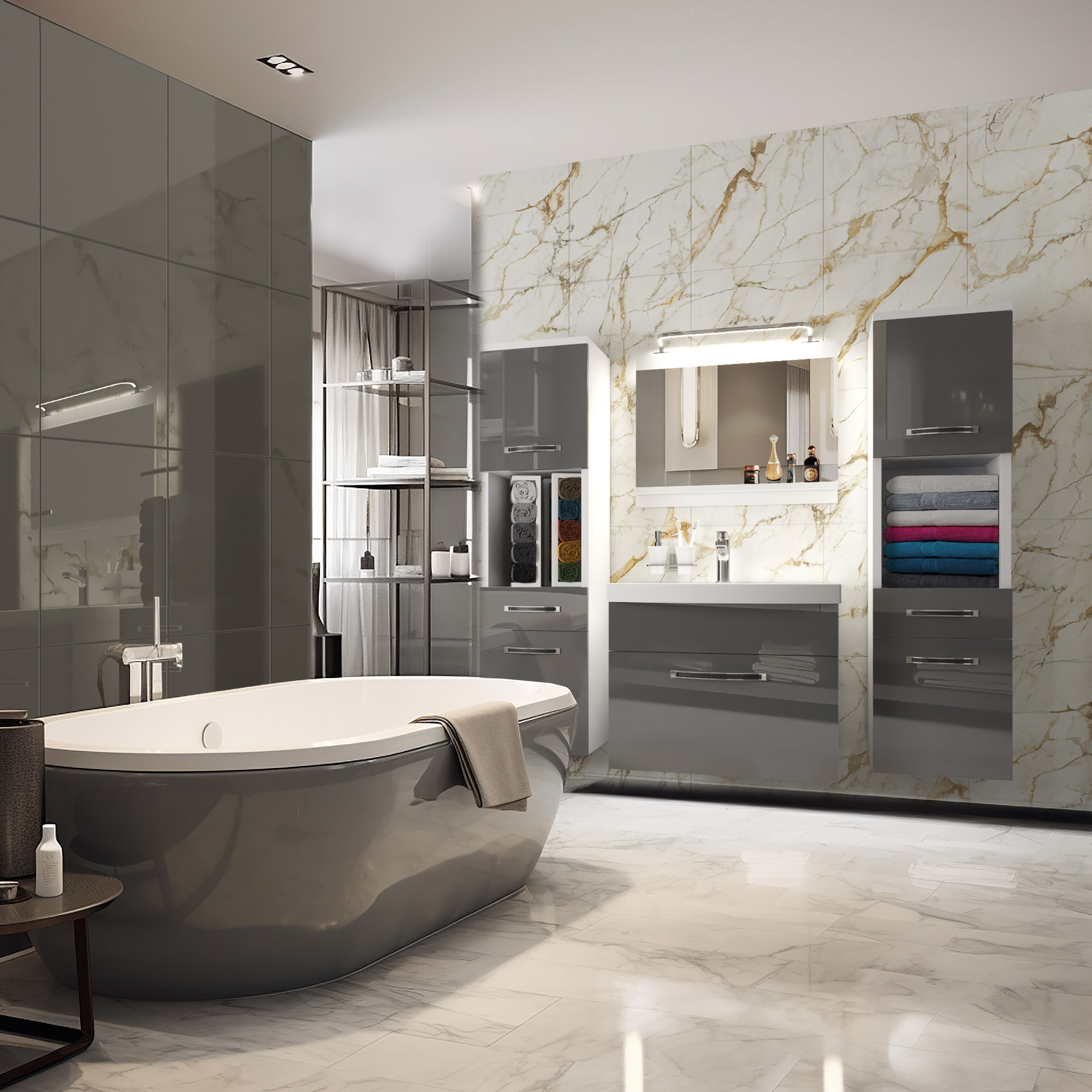 Bagno con vasca grafite e mobili lucidi grigio fumo