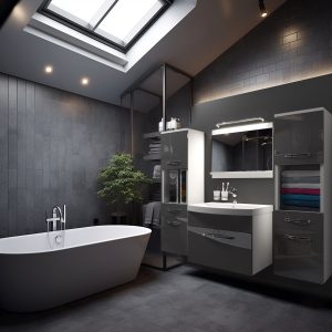 Bagno scuro con vasca freestanding e mobili grigio lucido