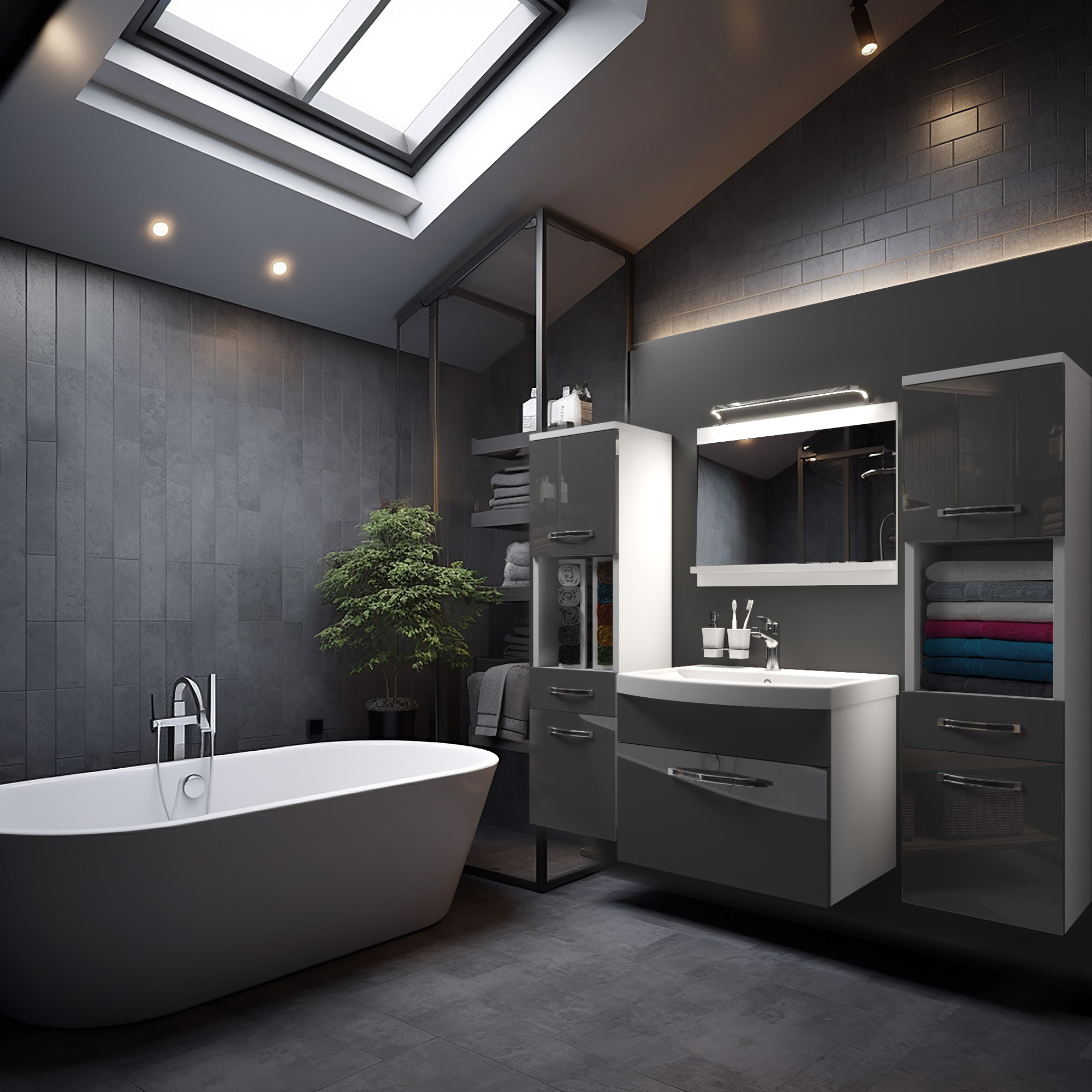 Bagno scuro con vasca freestanding e mobili grigio lucido