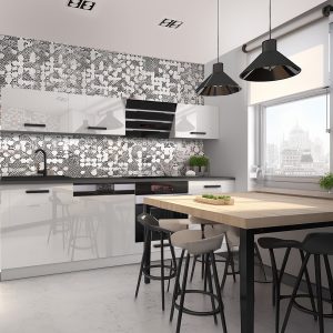 Cucina bianca lucida con top nero e tavolo in legno