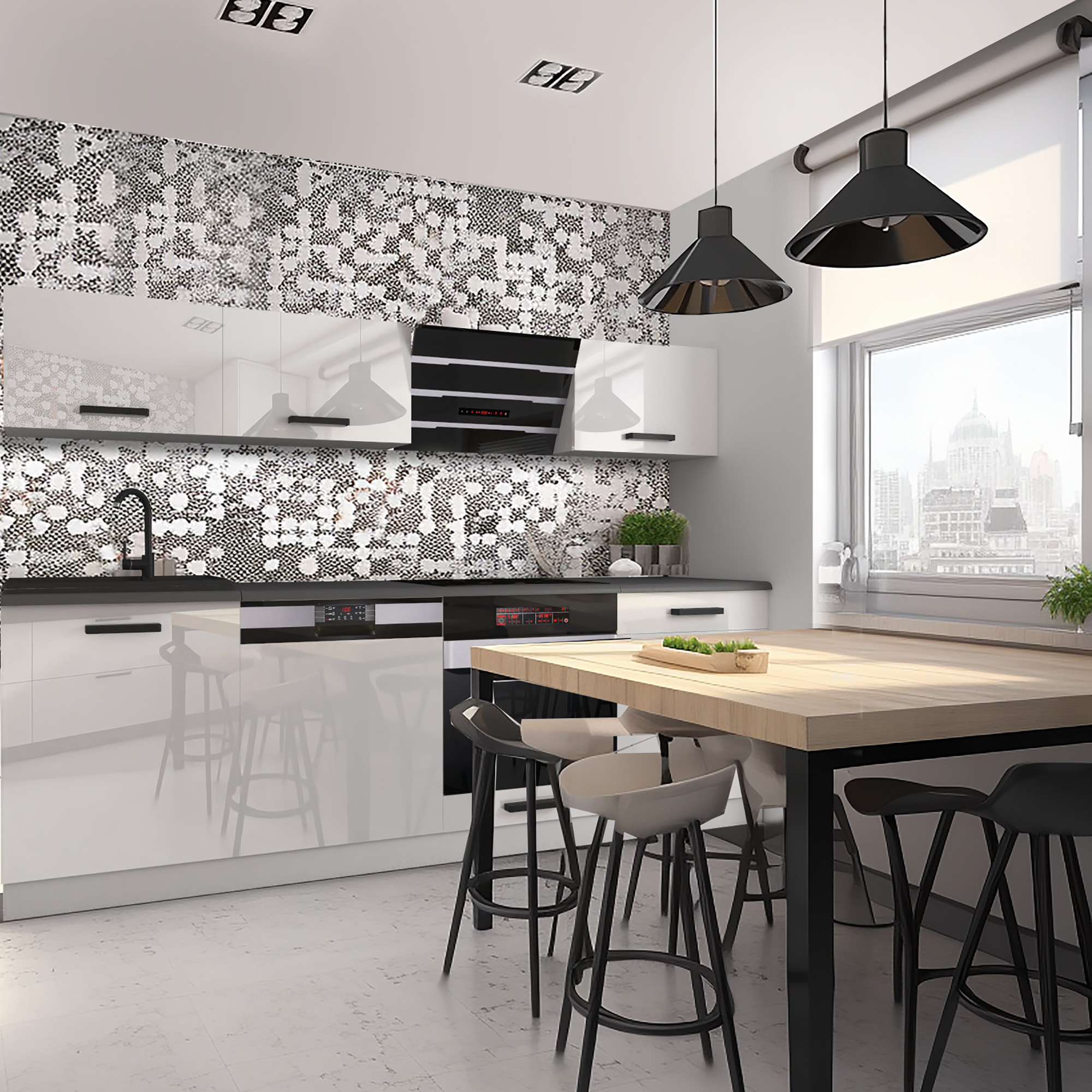 Cucina bianca lucida con top nero e tavolo in legno