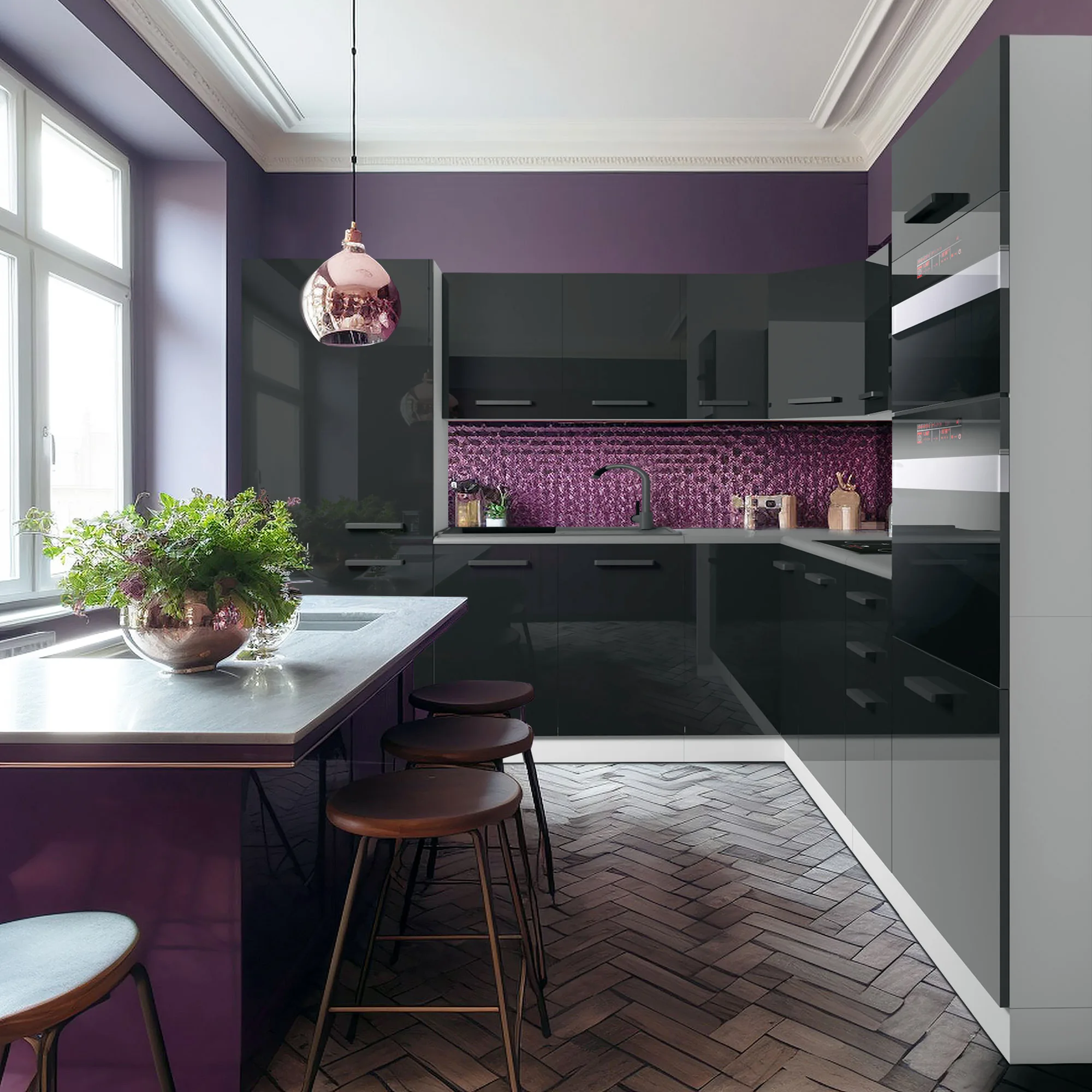 Cucina a L con frontali grafite lucidi e dettagli viola