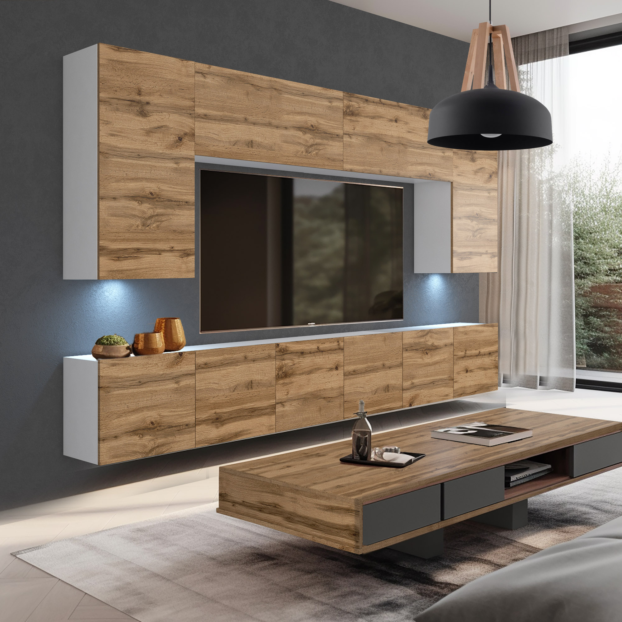 Parete TV sospesa in rovere con tavolino basso grigio