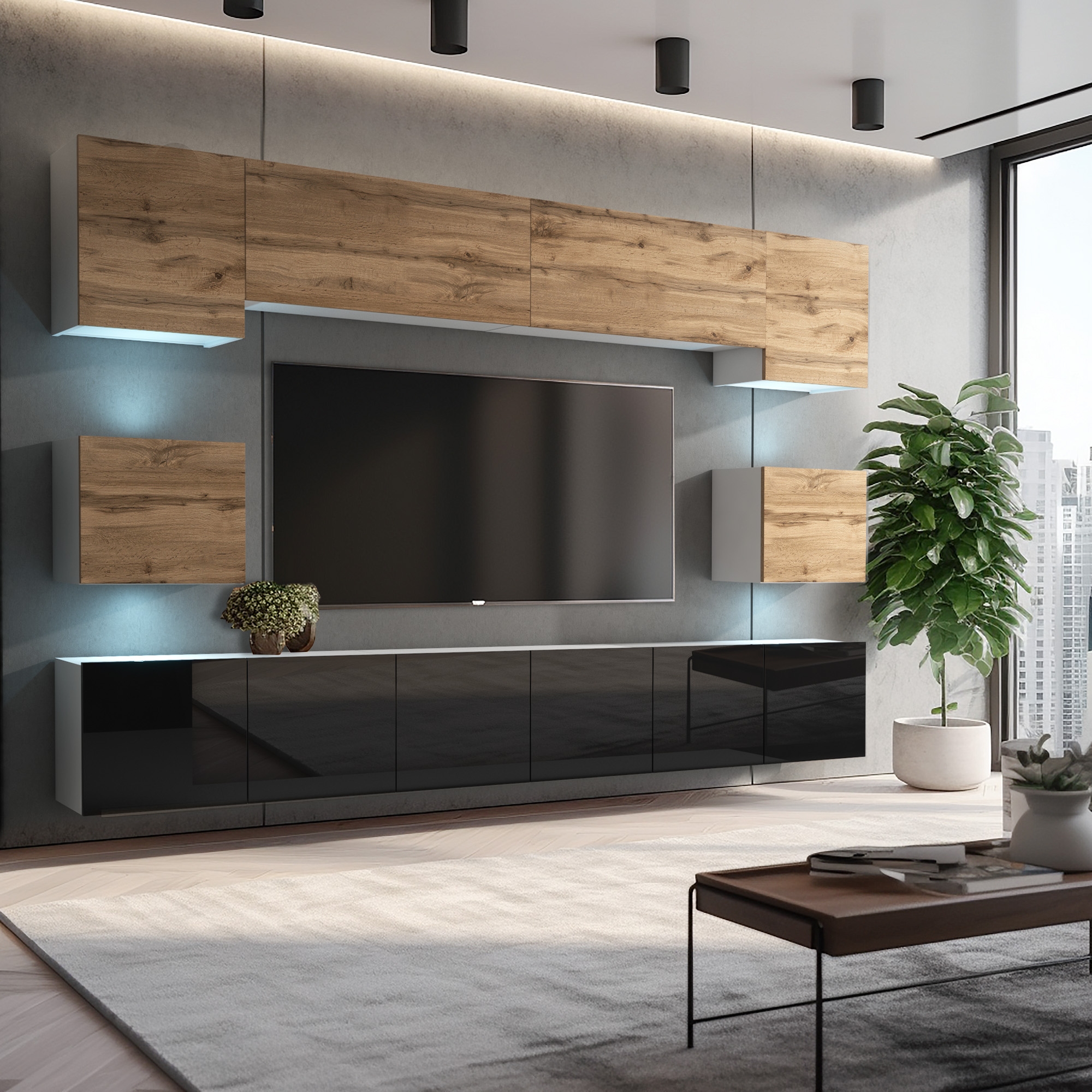 Parete TV con pensili rovere e basi nere lucide