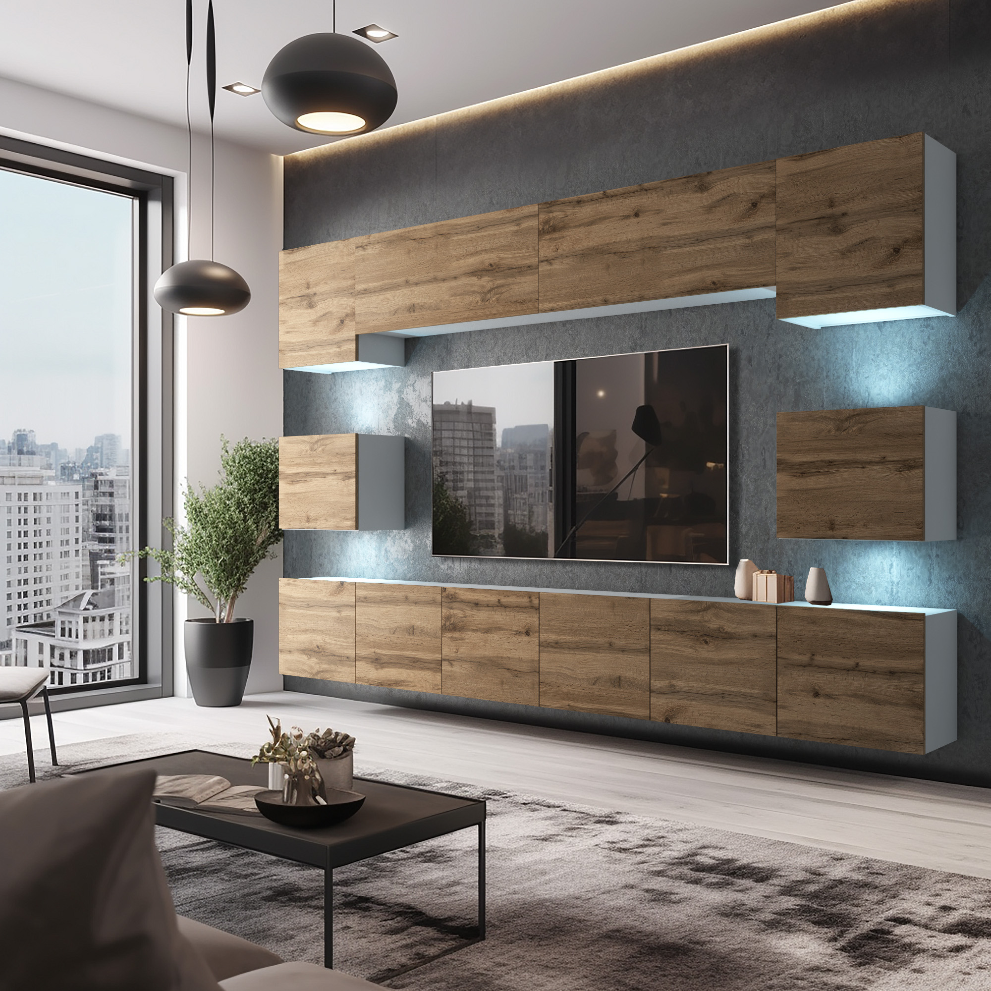 Soggiorno con parete in legno e luci soffuse