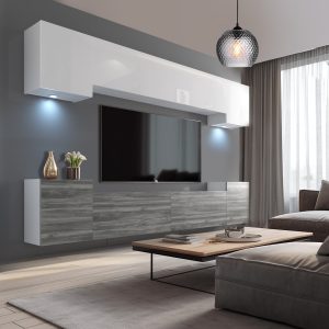 Soggiorno con parete TV bianco lucido e grigio legno