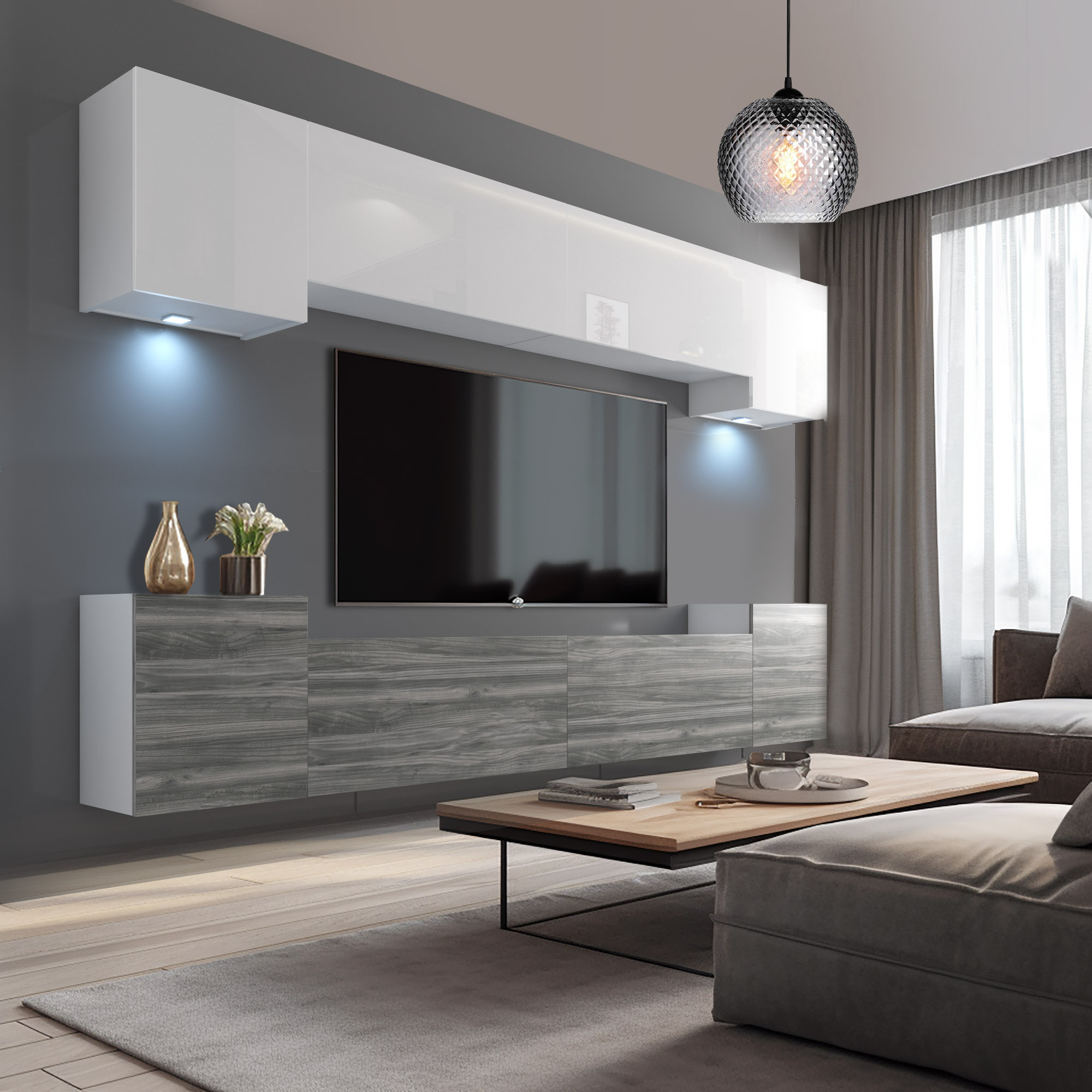 Soggiorno con parete TV bianco lucido e grigio legno