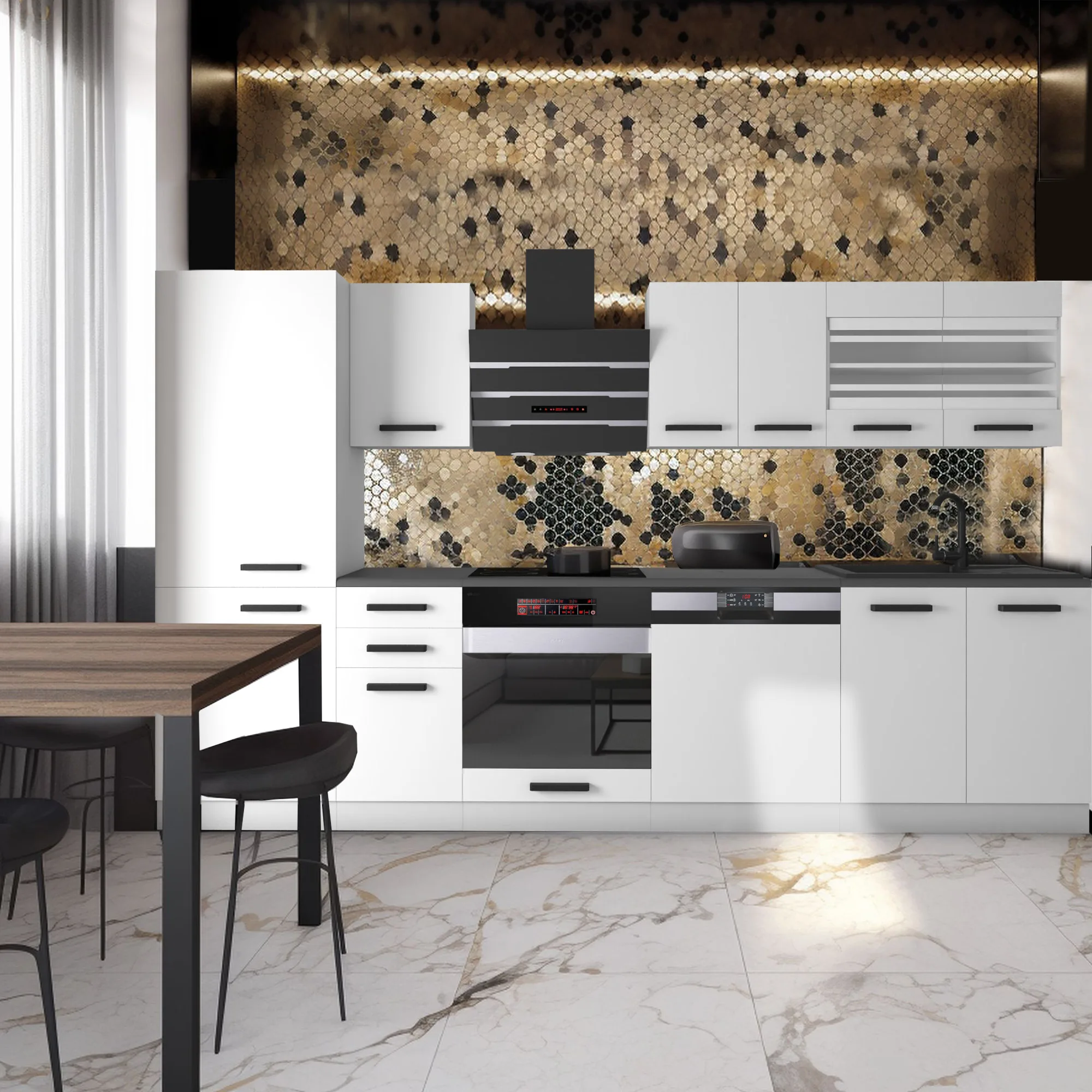 Cucina bianca con top nero e mosaico dorato-nero
