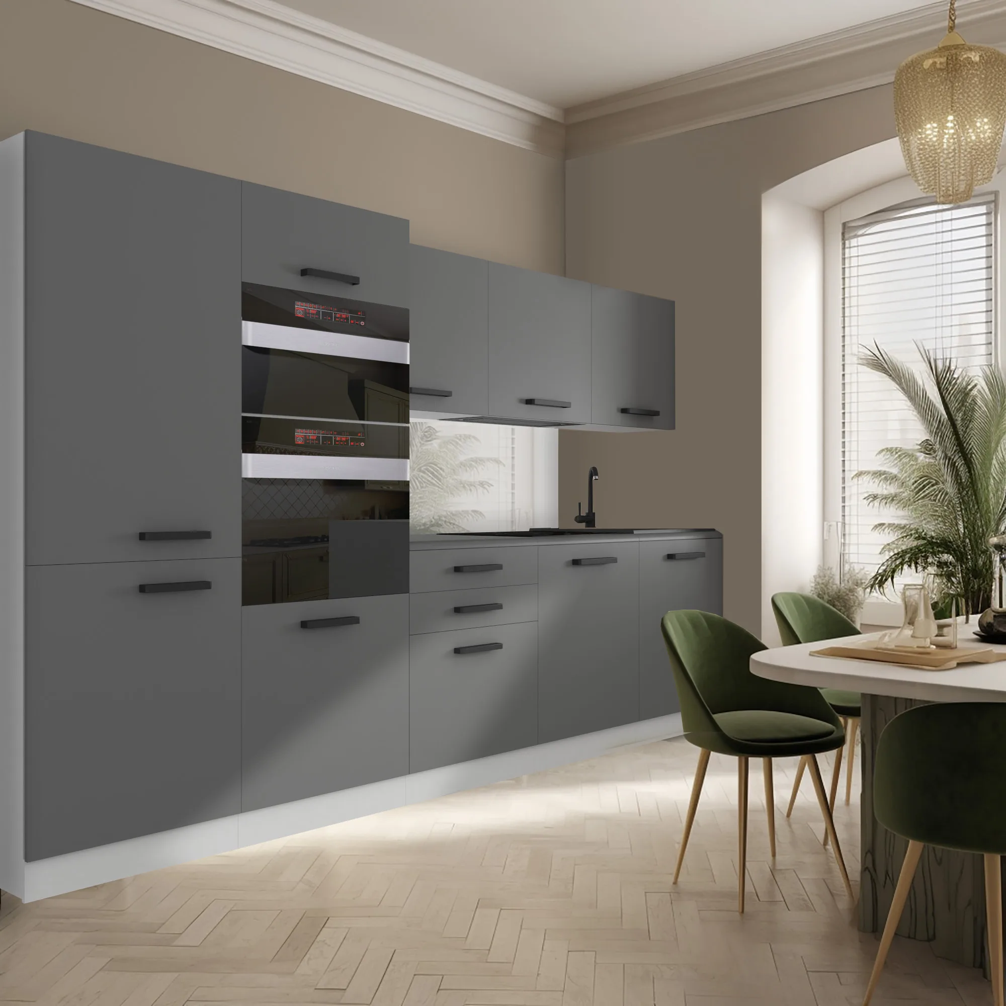 Cucina grafite con colonne, tavolo rotondo e sedie verdi