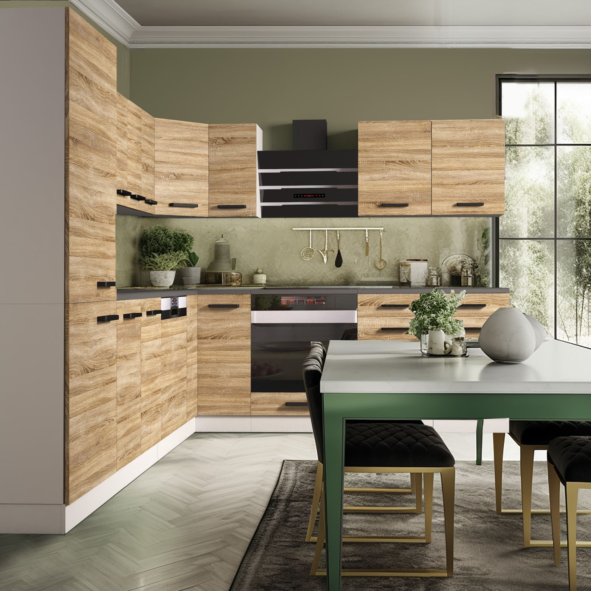 Cucina a L rovere e verde con tavolo chiaro