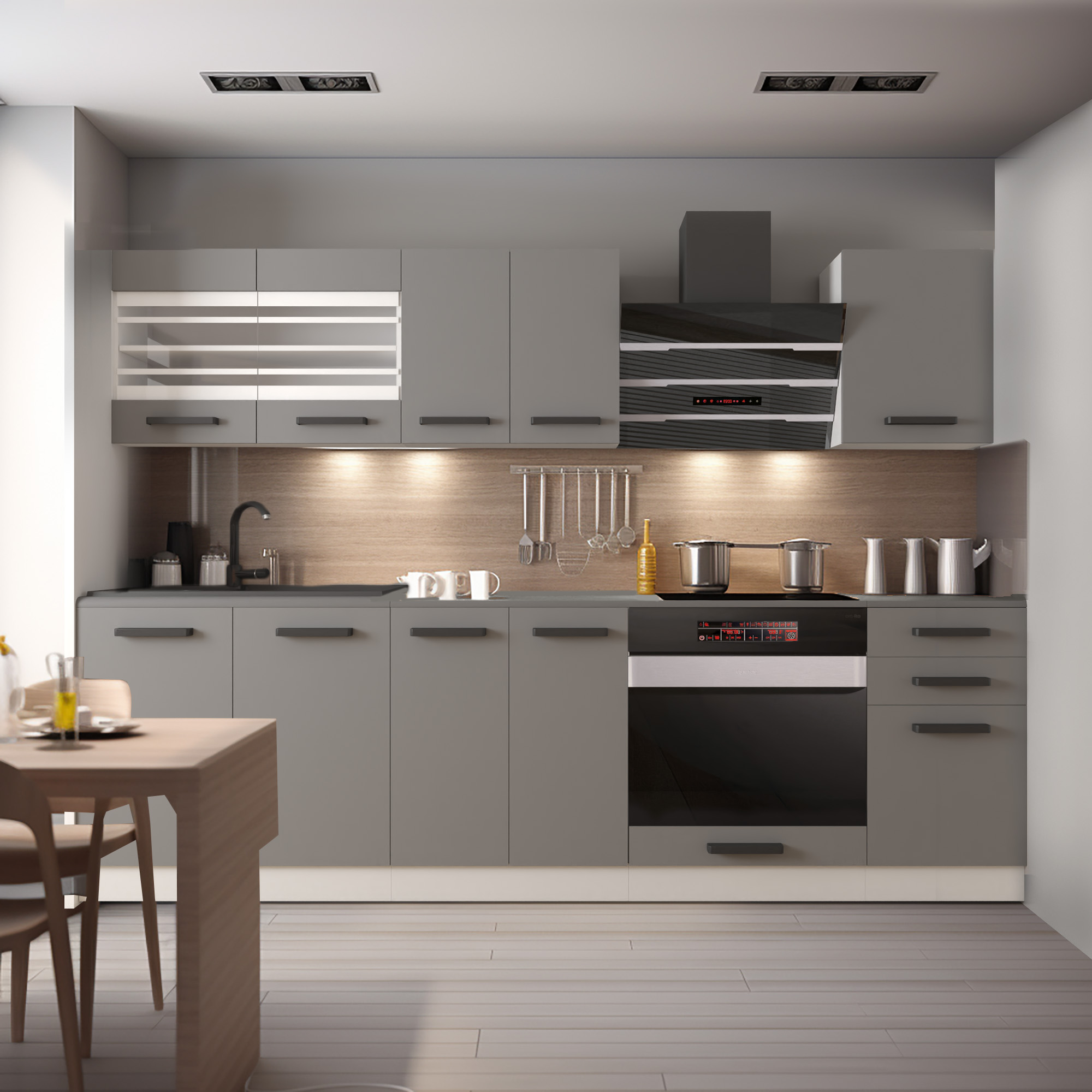 Cucina lineare grigio opaco con luci calde e forno