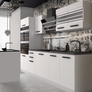 Cucina bianco e nero con maniglie nere e cappa in vetro