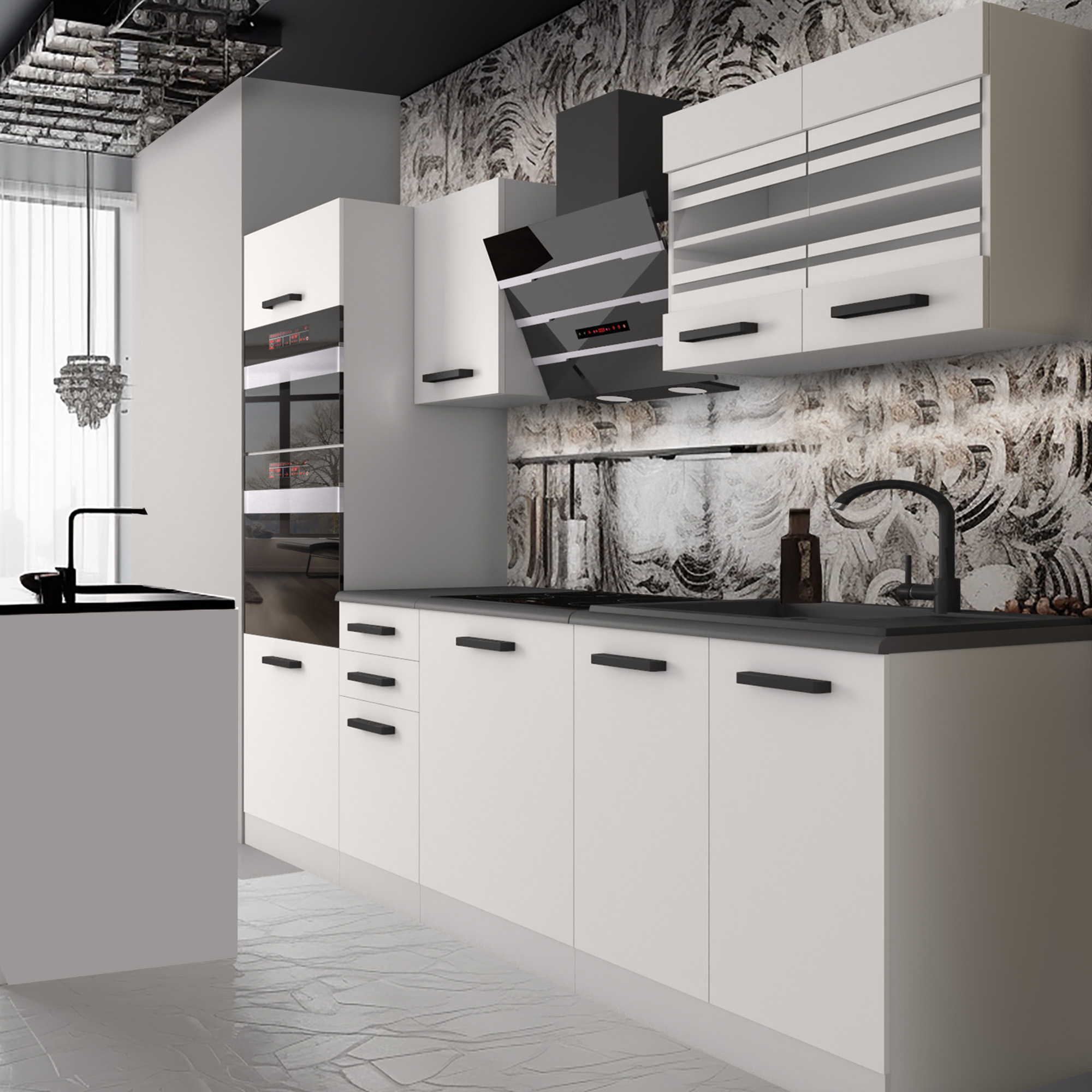 Cucina bianco e nero con maniglie nere e cappa in vetro